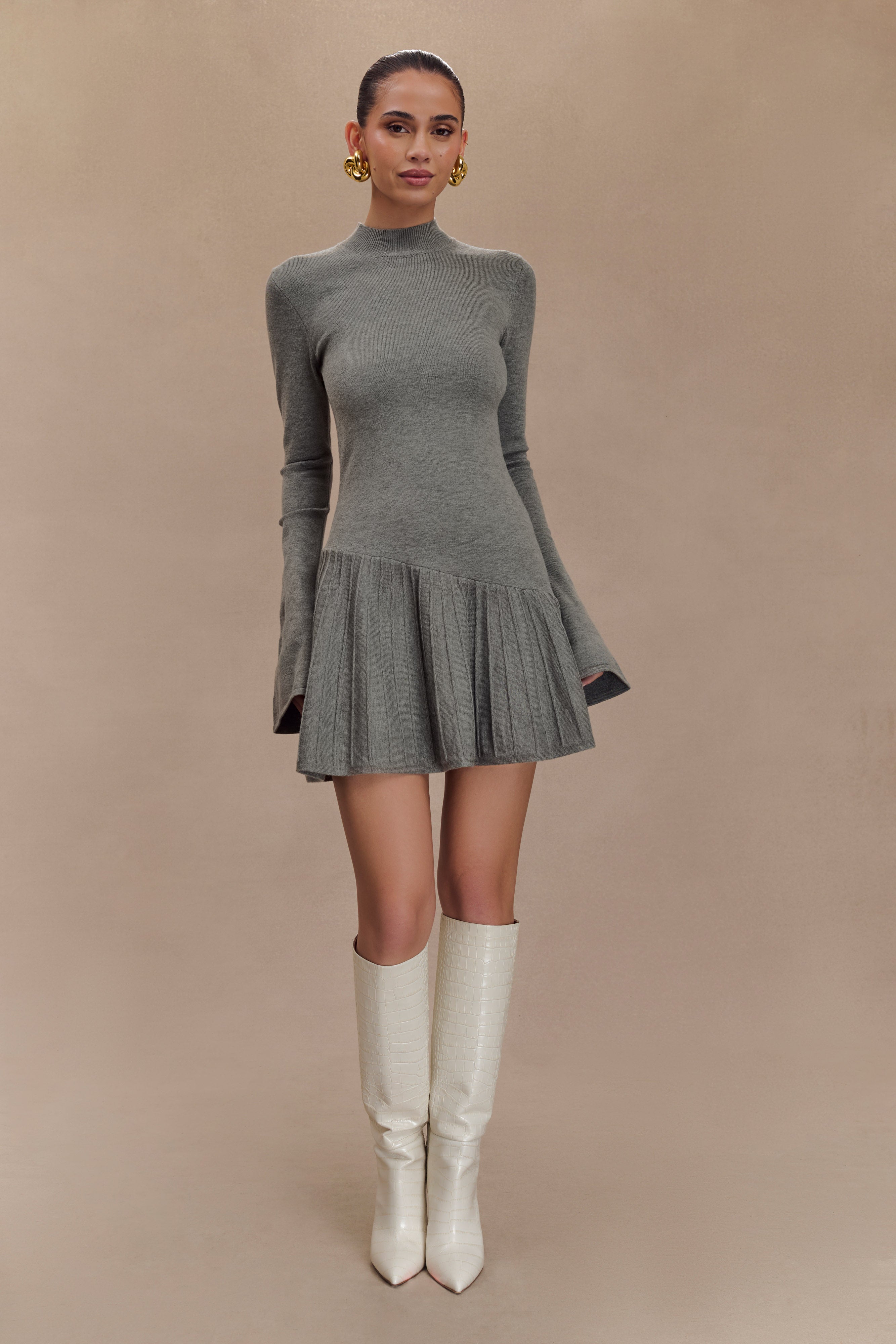 Blair Knit Mini Dress With Pleats - Charcoal | MESHKI US