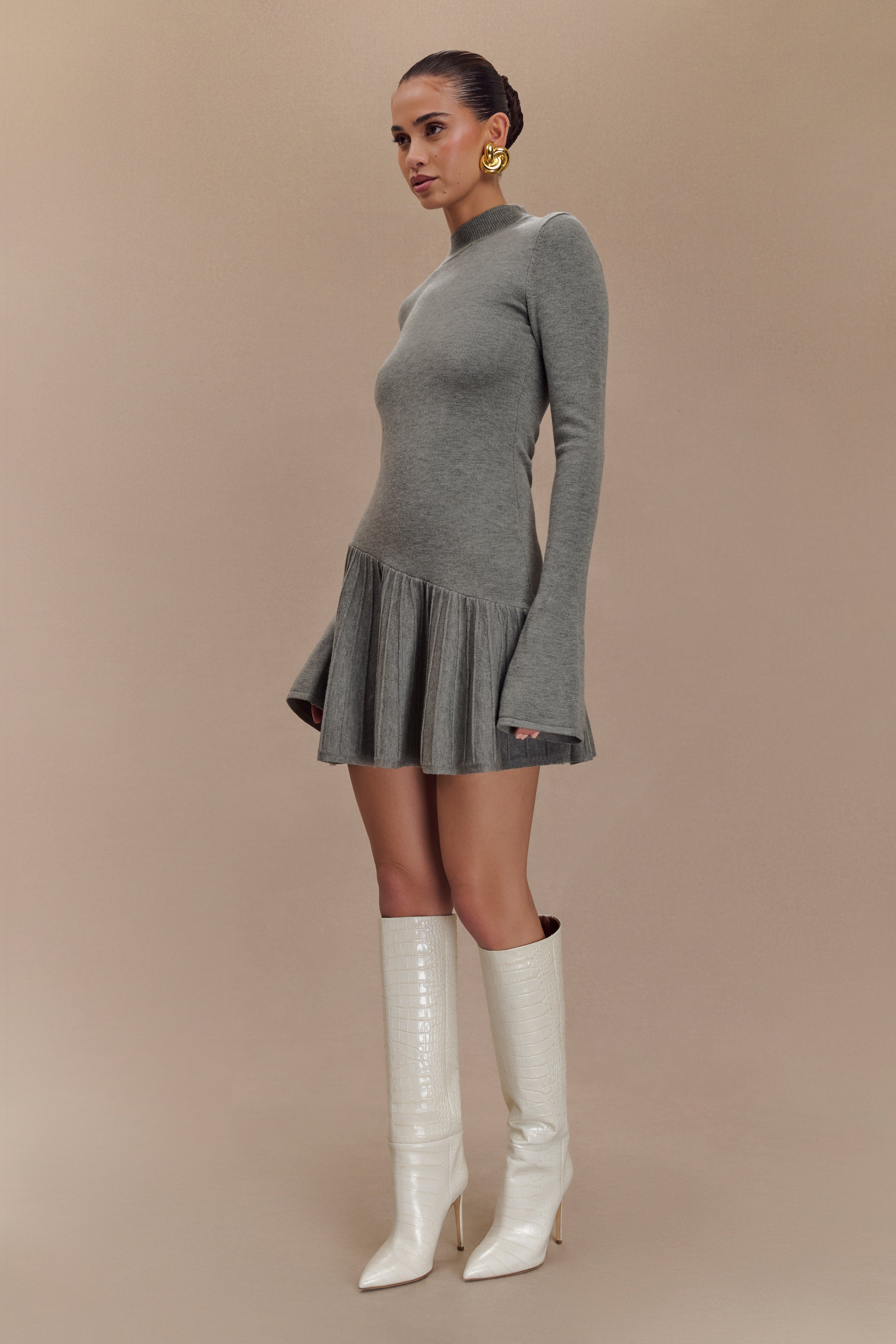 Blair Knit Mini Dress With Pleats - Charcoal | MESHKI US