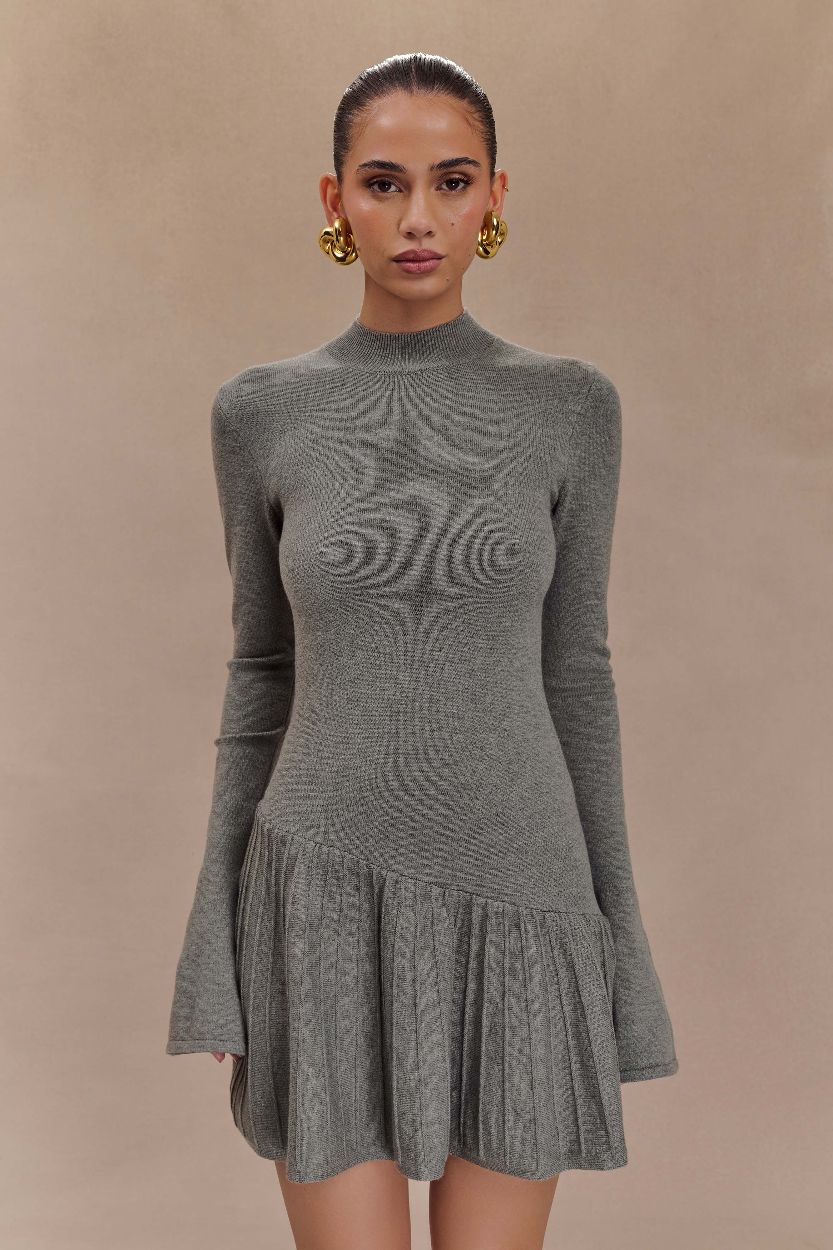 Blair Knit Mini Dress With Pleats - Charcoal | MESHKI US