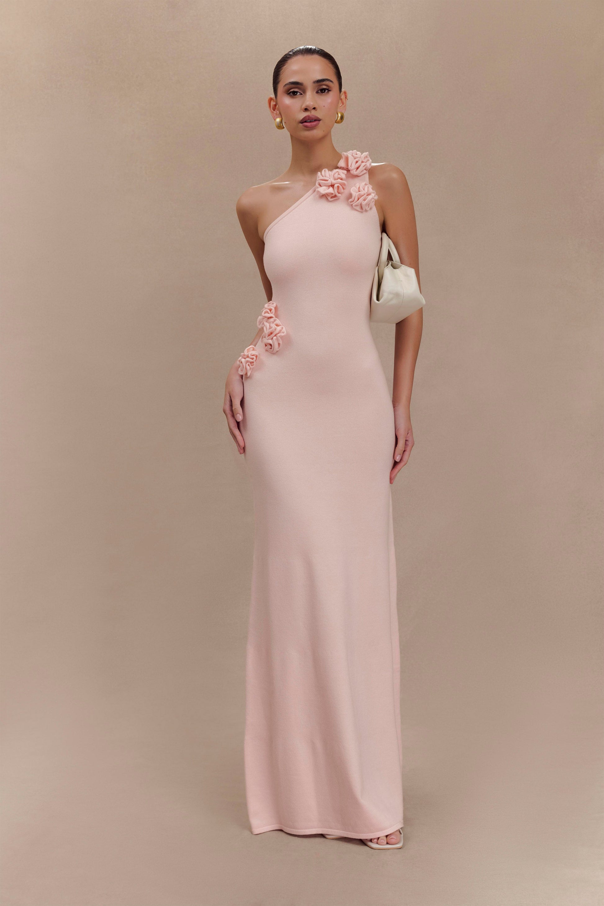Paloma One Shoulder Knit Maxi Dress with Flowers - Baby Pink XXS Paloma One Shoulder Knit Maxi Dress with Flowers - Baby Pink XXS