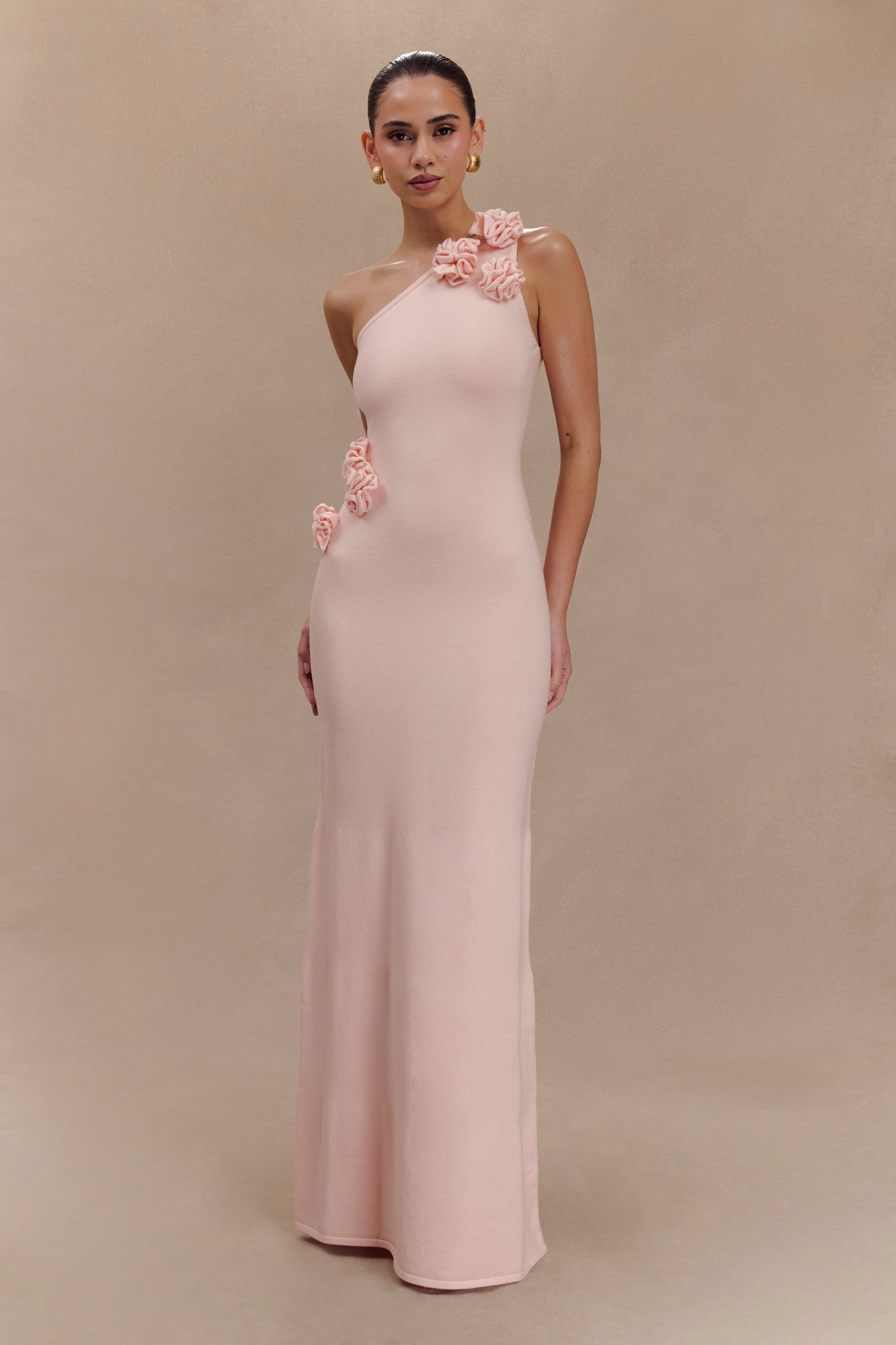 Paloma One Shoulder Knit Maxi Dress With Flowers Paloma One Shoulder Knit Maxi Dress With Flowers