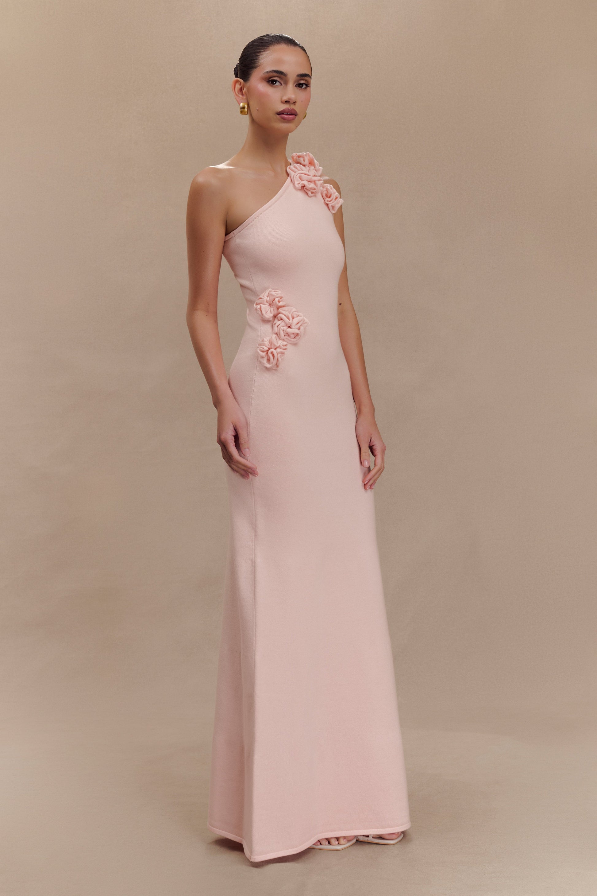 Paloma One Shoulder Knit Maxi Dress With Flowers - Baby Pink Paloma One Shoulder Knit Maxi Dress With Flowers - Baby Pink