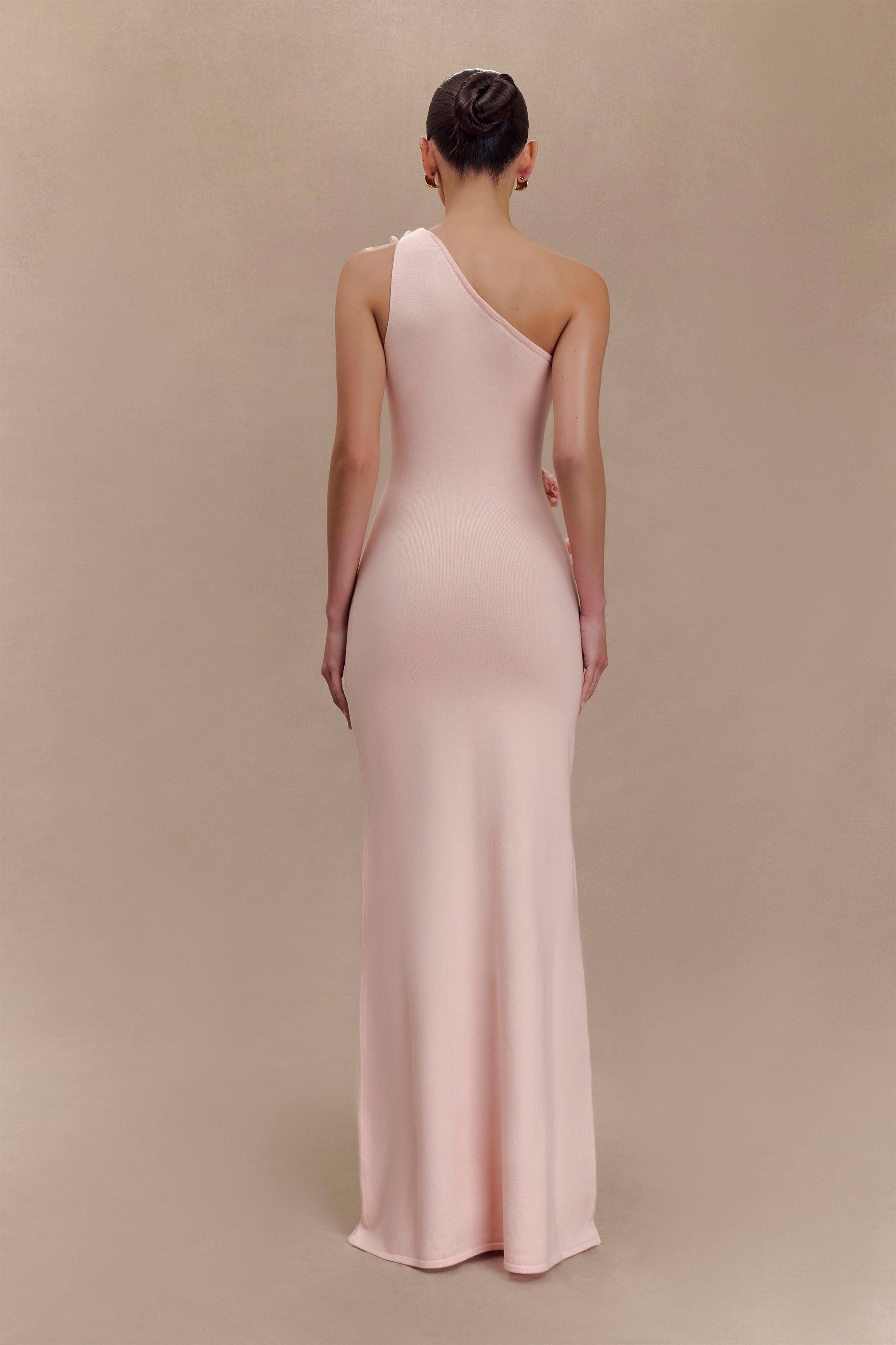 Paloma One Shoulder Knit Maxi Dress with Flowers - Baby Pink XXS Paloma One Shoulder Knit Maxi Dress with Flowers - Baby Pink XXS