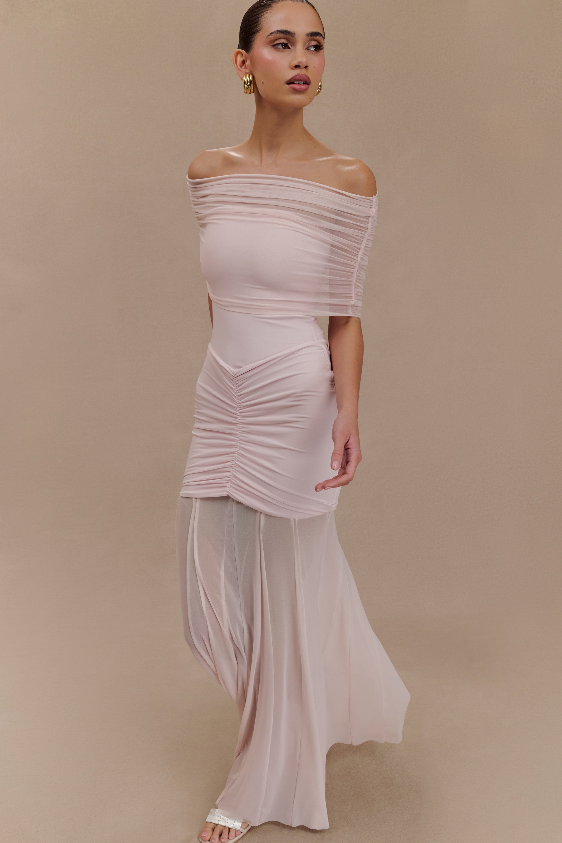 slinky and mesh off shoulder maxi dress Caspian Slinky And Mesh Off Shoulder Maxi Dress / Ivory | MESHKI