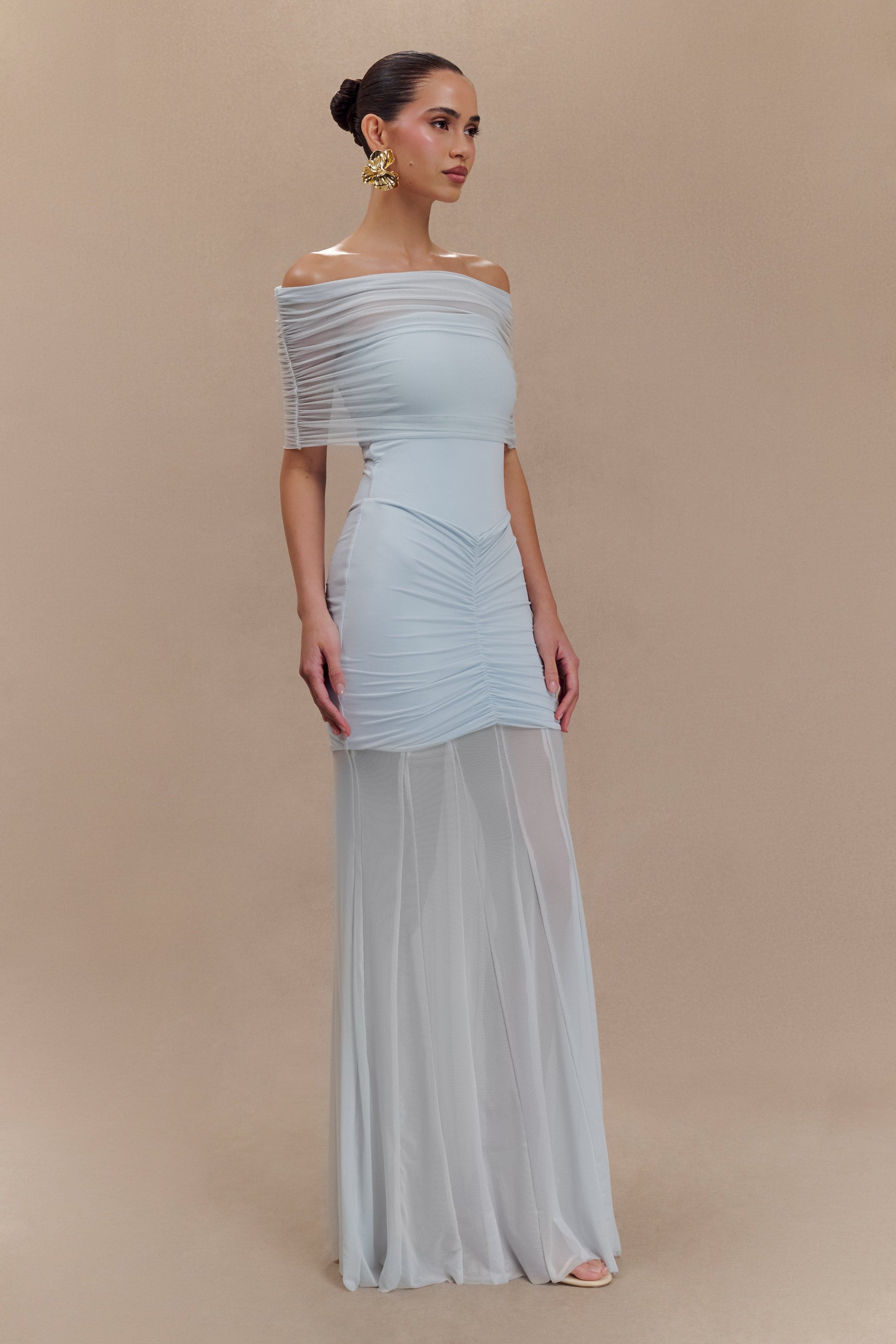 Caspian Slinky And Mesh Off Shoulder Maxi Dress - Pale Blue S Caspian Slinky And Mesh Off Shoulder Maxi Dress - Pale Blue S