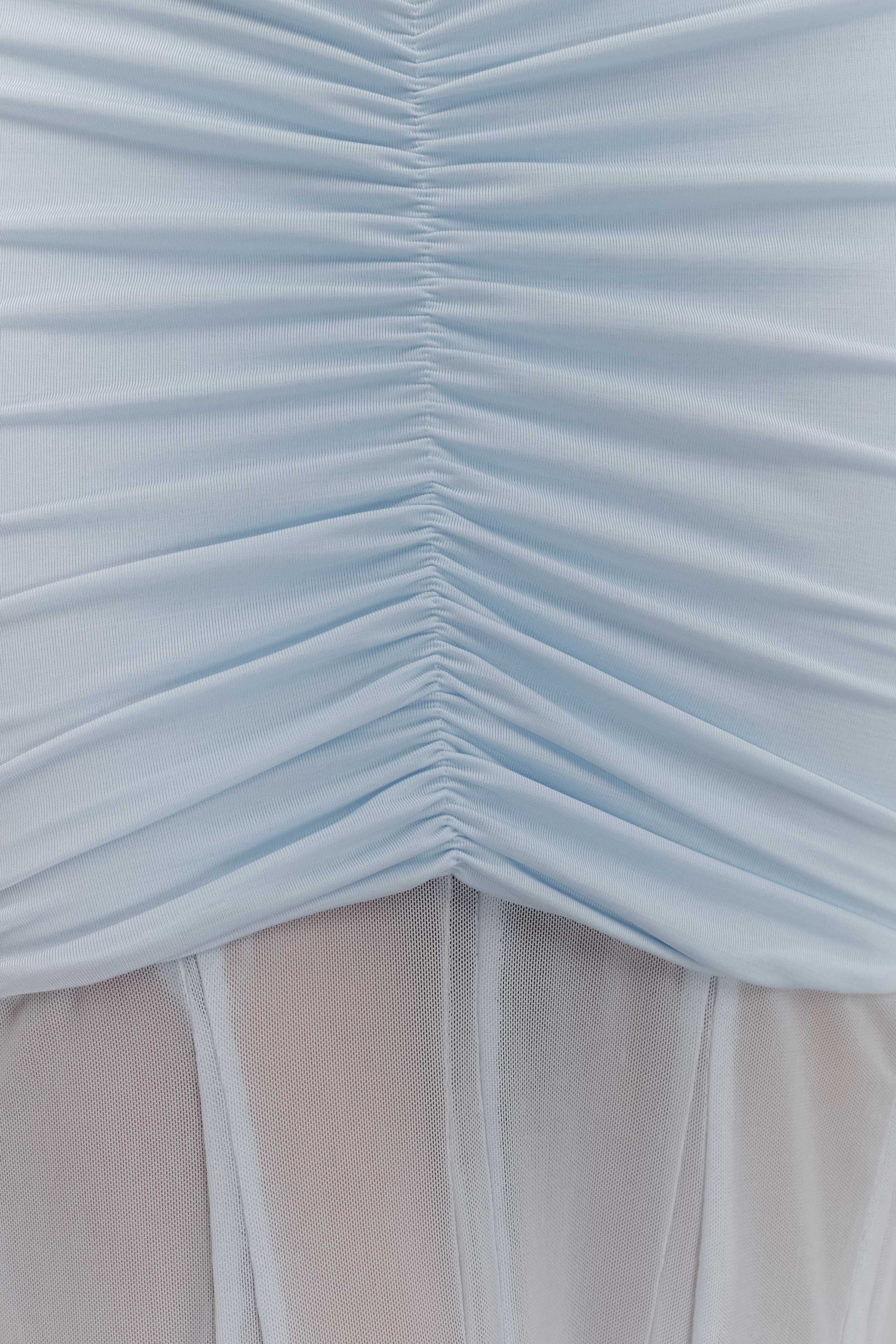 Caspian Slinky And Mesh Off Shoulder Maxi Dress - Pale Blue | MESHKI US Caspian Slinky And Mesh Off Shoulder Maxi Dress - Pale Blue | MESHKI US