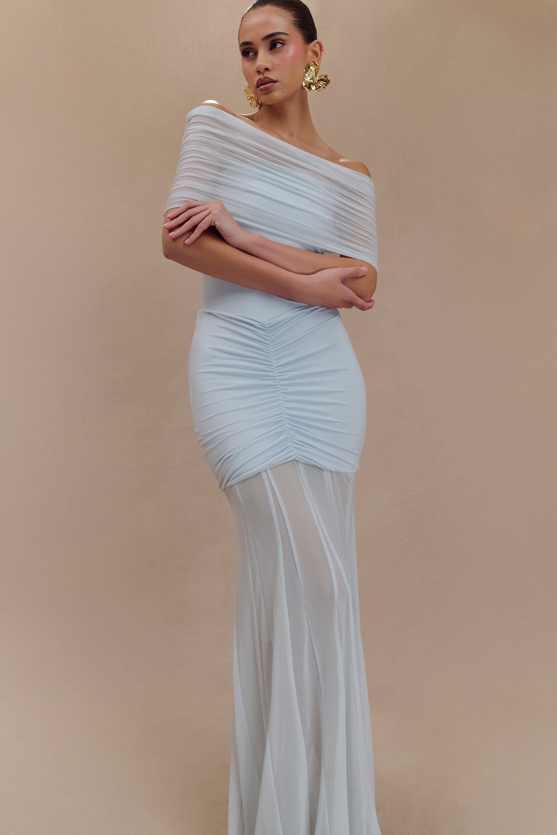 Caspian Slinky And Mesh Off Shoulder Maxi Dress - Pale Blue | MESHKI US Caspian Slinky And Mesh Off Shoulder Maxi Dress - Pale Blue | MESHKI US