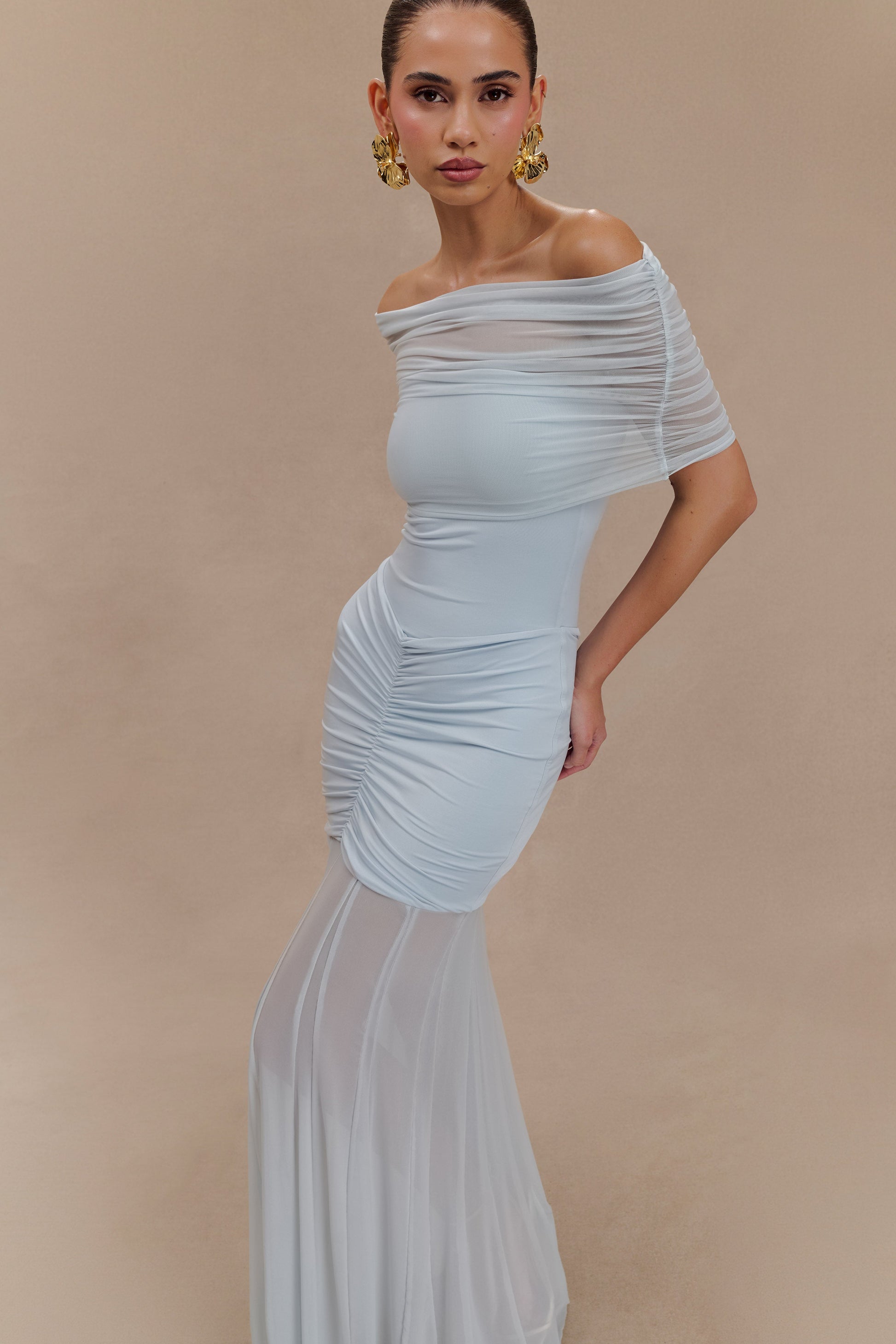 Caspian Slinky And Mesh Off Shoulder Maxi Dress Caspian Slinky And Mesh Off Shoulder Maxi Dress