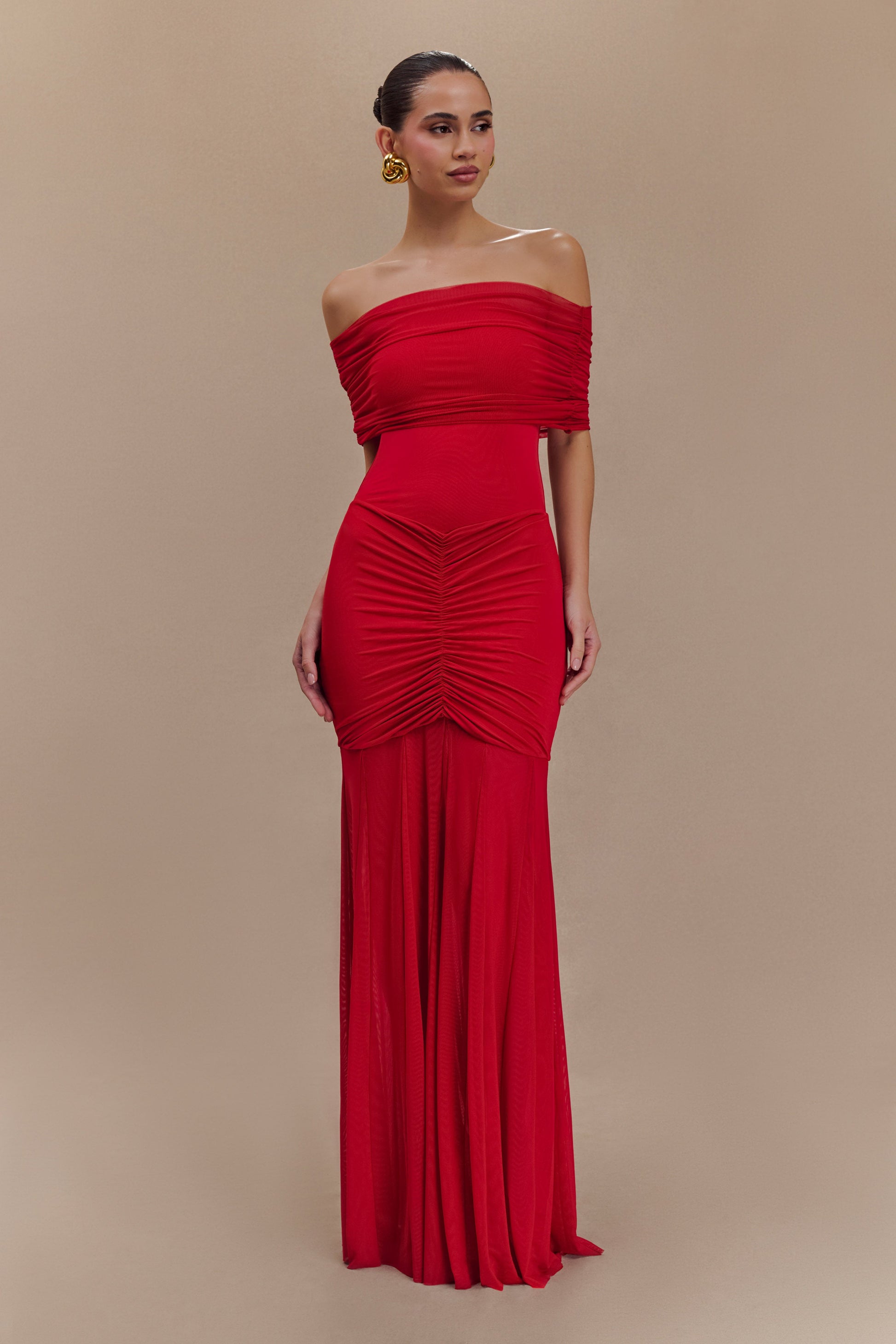 Caspian Slinky And Mesh Off Shoulder Maxi Dress - Ruby XS Caspian Slinky And Mesh Off Shoulder Maxi Dress - Ruby XS