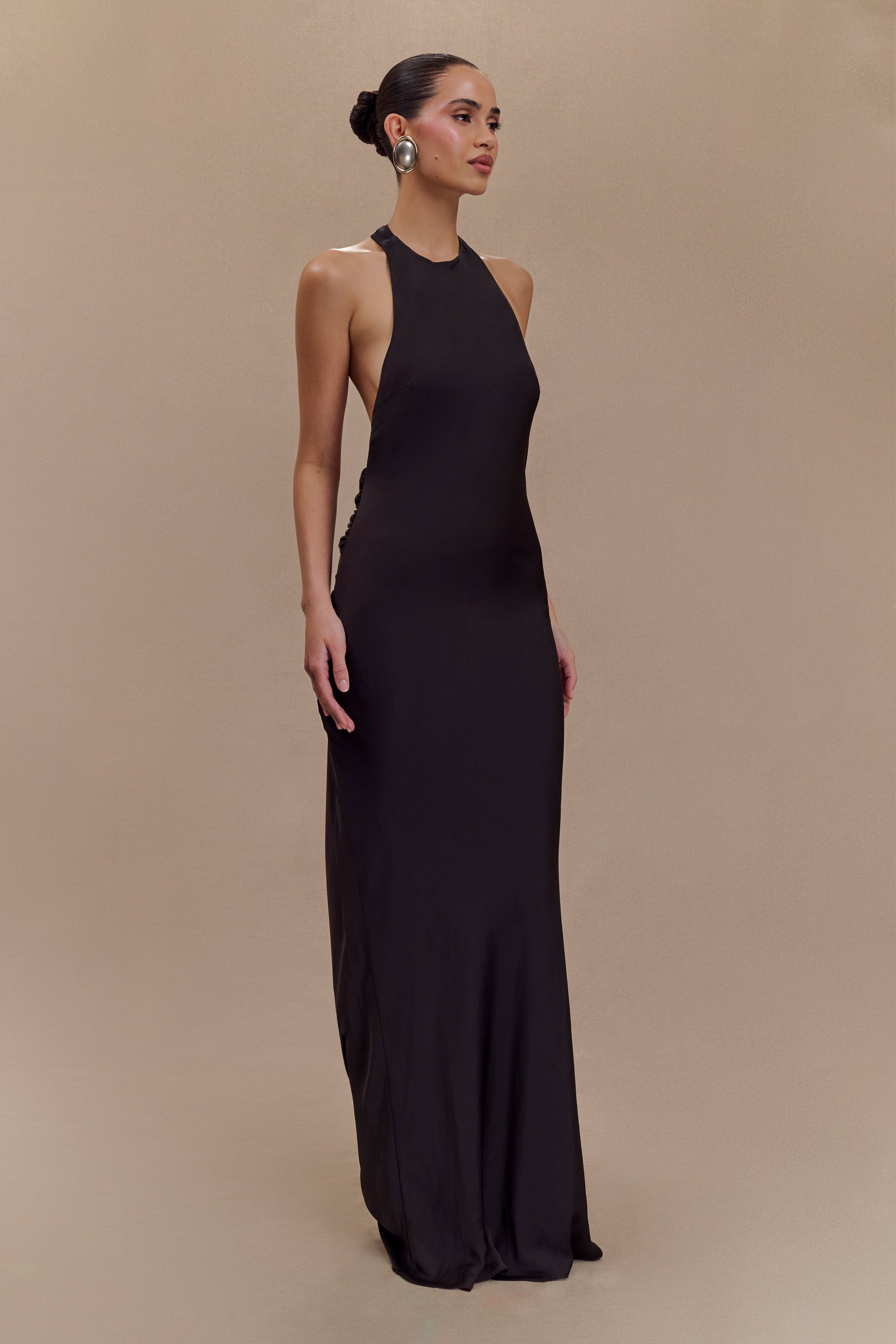 Rinna Satin Halter Maxi Dress - Black | MESHKI US Rinna Satin Halter Maxi Dress - Black | MESHKI US