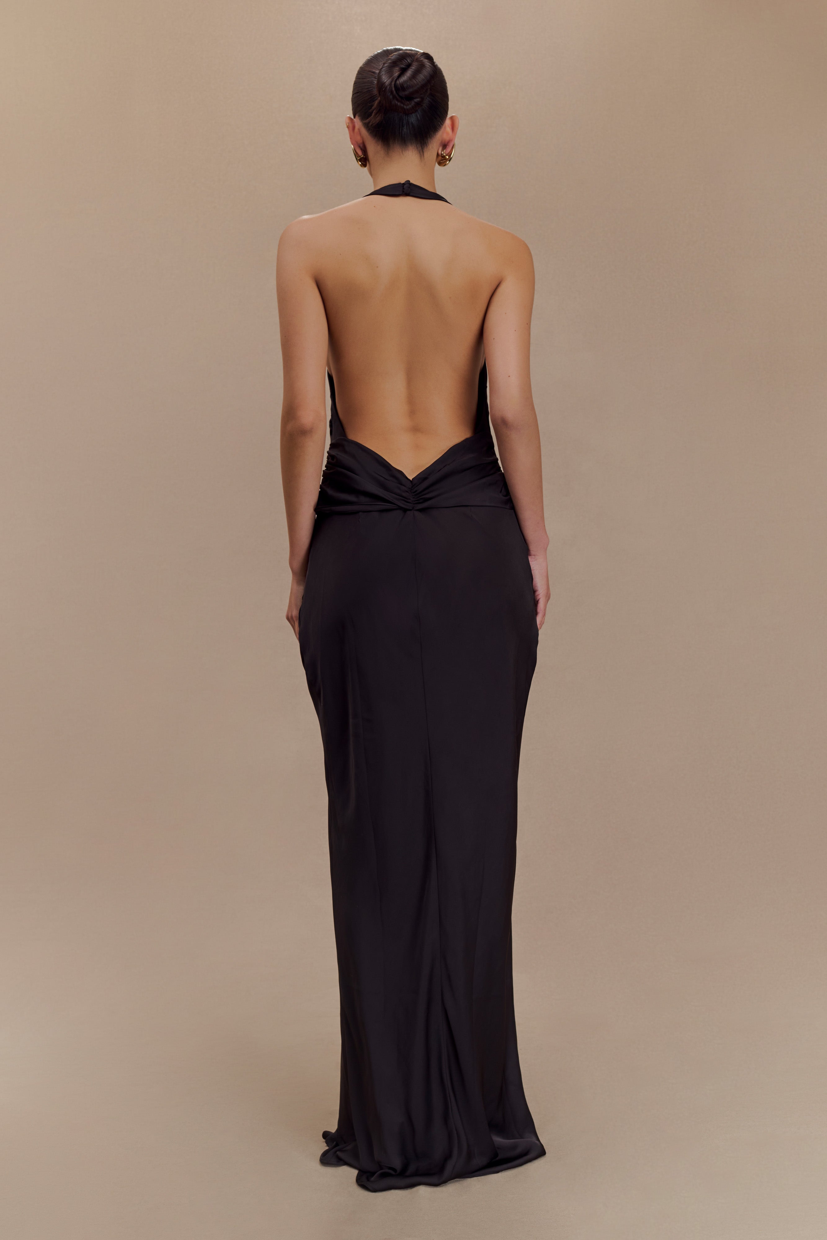 black backless halter dress Rinna Satin Halter Maxi Dress / Black | MESHKI