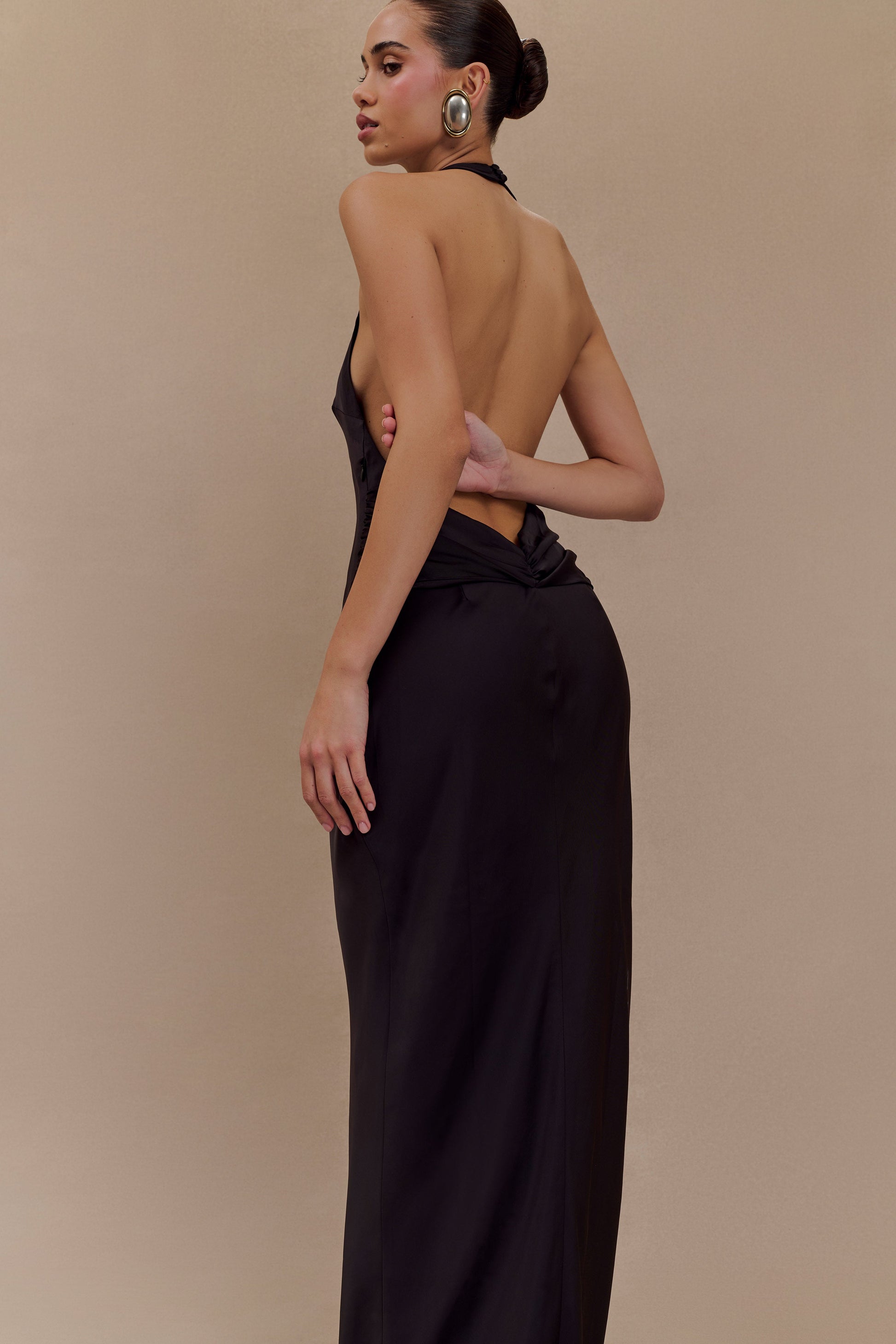 Rinna Satin Halter Maxi Dress - Black | MESHKI US Rinna Satin Halter Maxi Dress - Black | MESHKI US