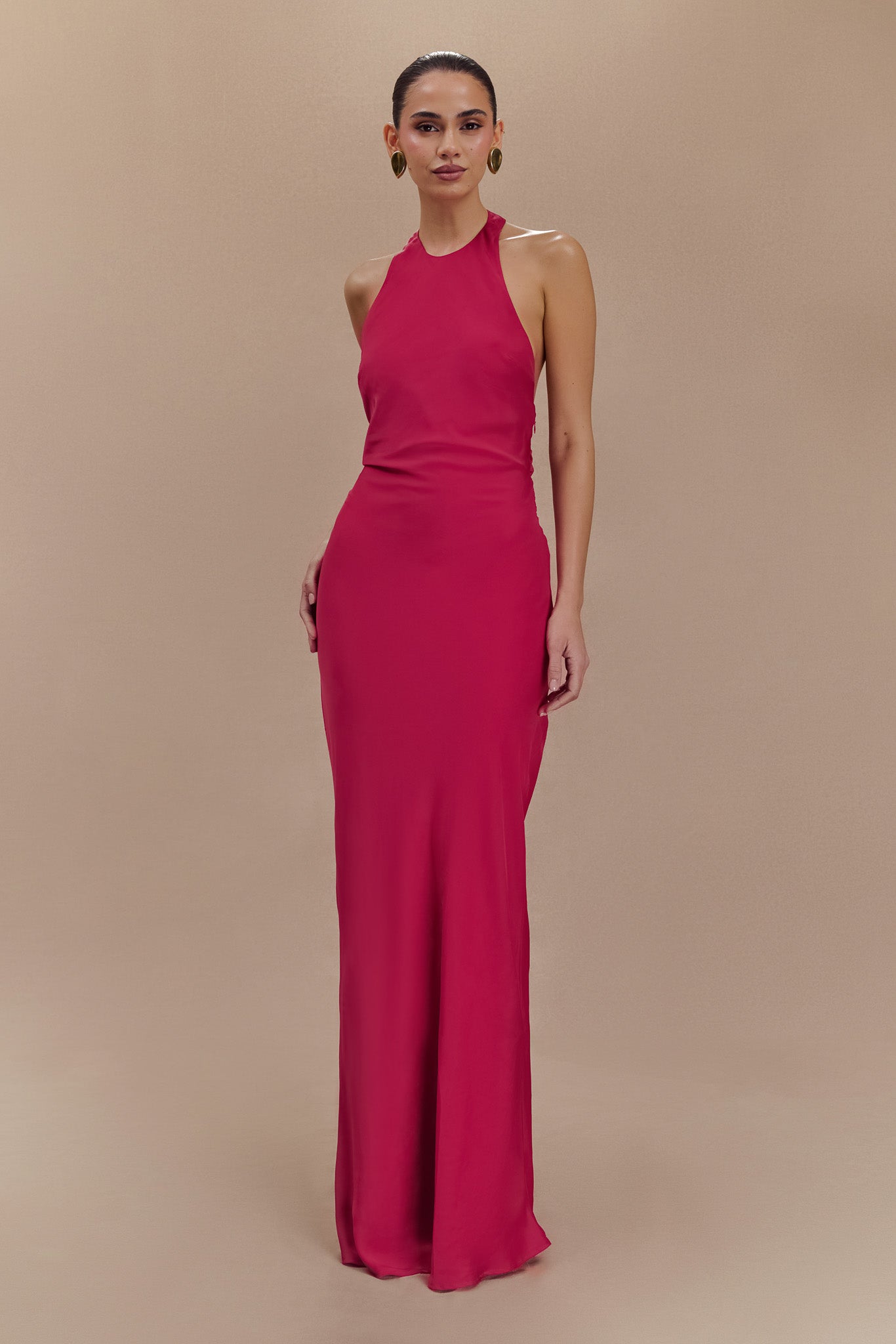Rinna Satin Halter Maxi Dress / Pink Cherry | MESHKI