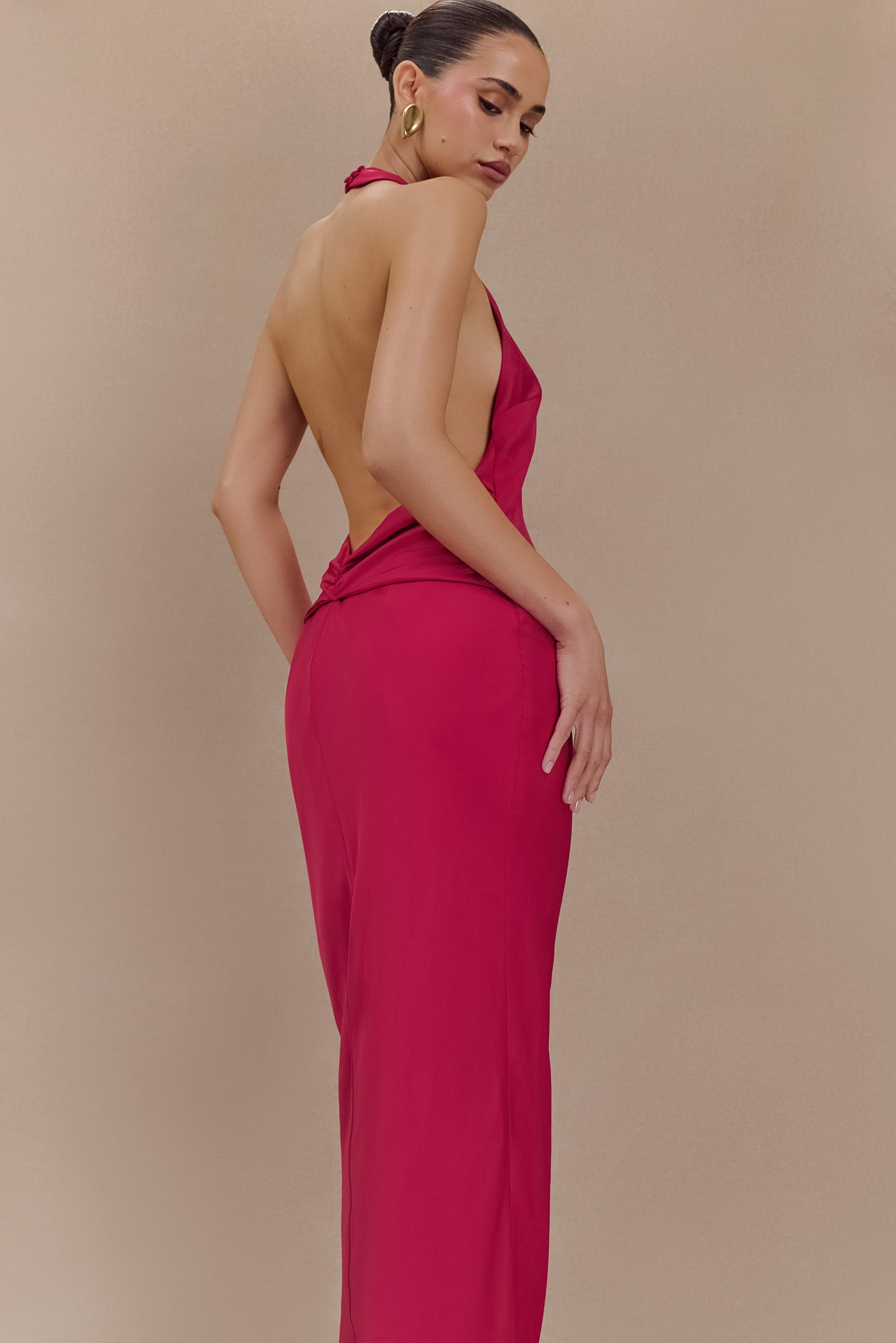 Rinna Satin Halter Maxi Dress / Pink Cherry | MESHKI