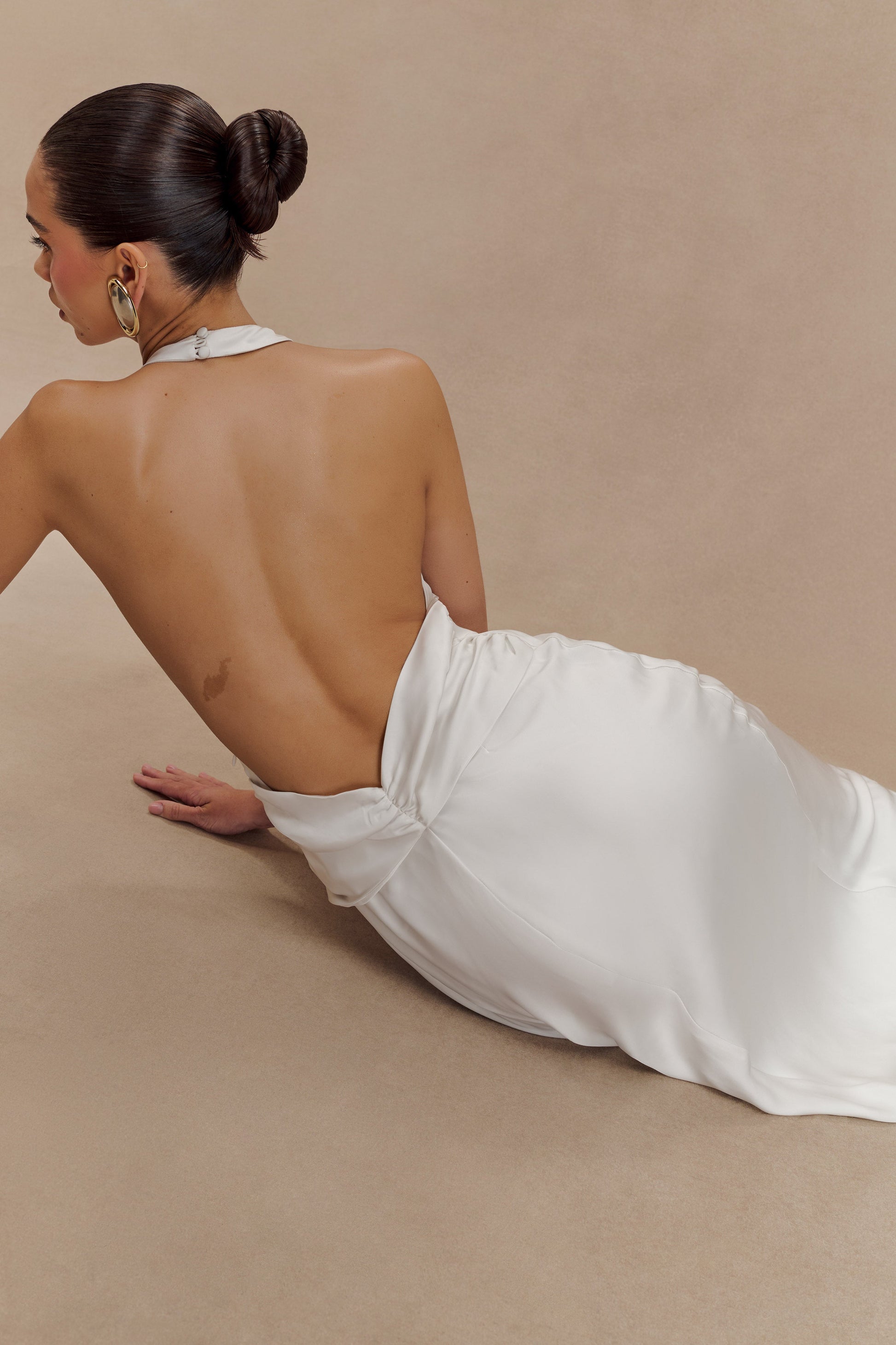 Rinna Satin Halter Maxi Dress - Ivory | MESHKI US Rinna Satin Halter Maxi Dress - Ivory | MESHKI US