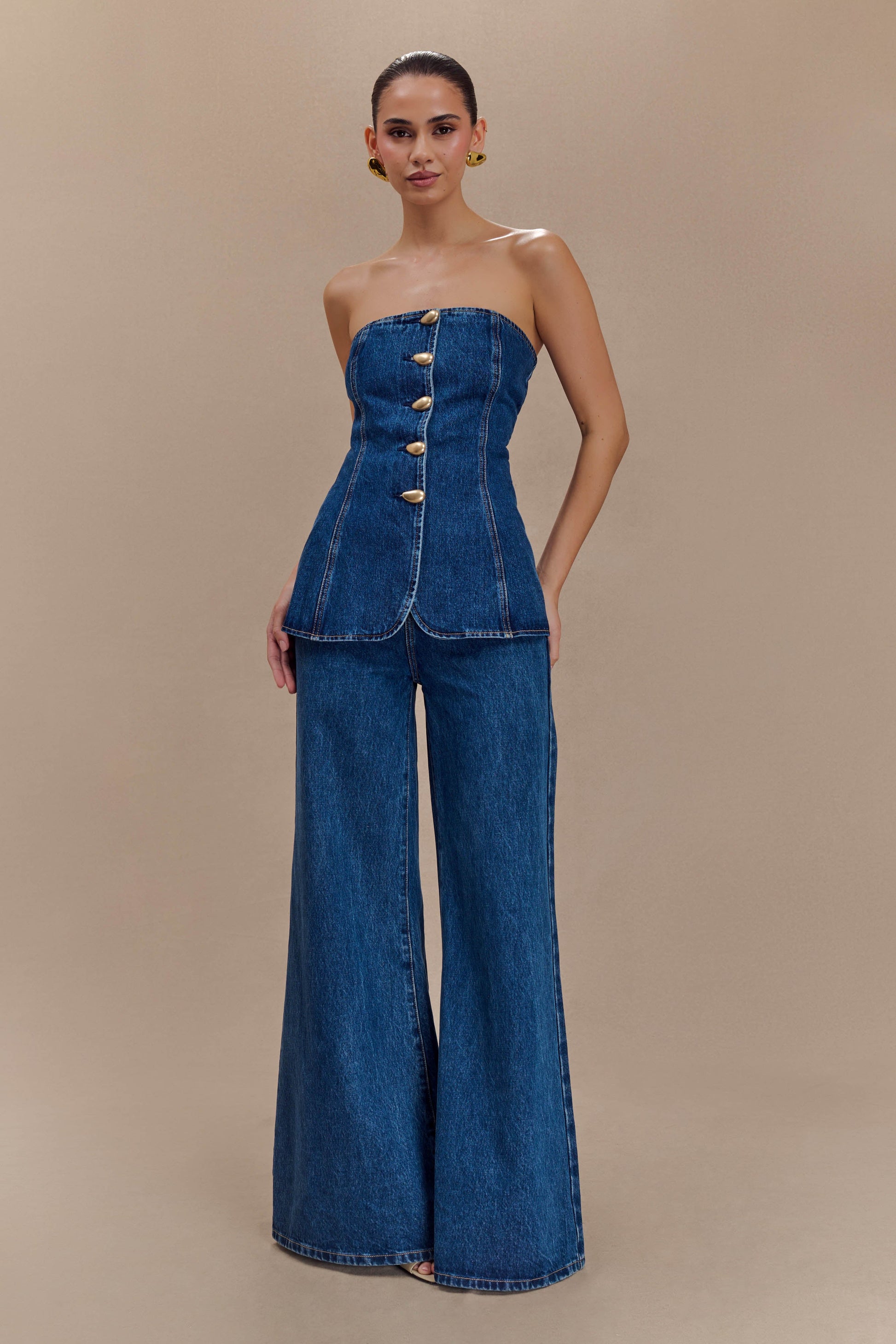 Jen Wide Leg Flare Denim Jeans / Dark Blue | MESHKI