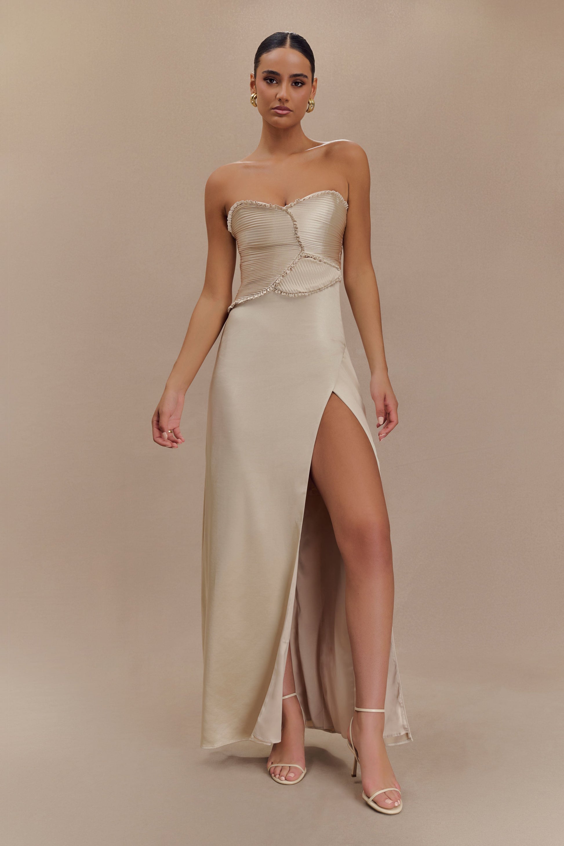 Larissa Satin Maxi Dress with Ruched Petals / Blush Gold | Meshki | XL Larissa Satin Maxi Dress with Ruched Petals / Blush Gold | Meshki | XL
