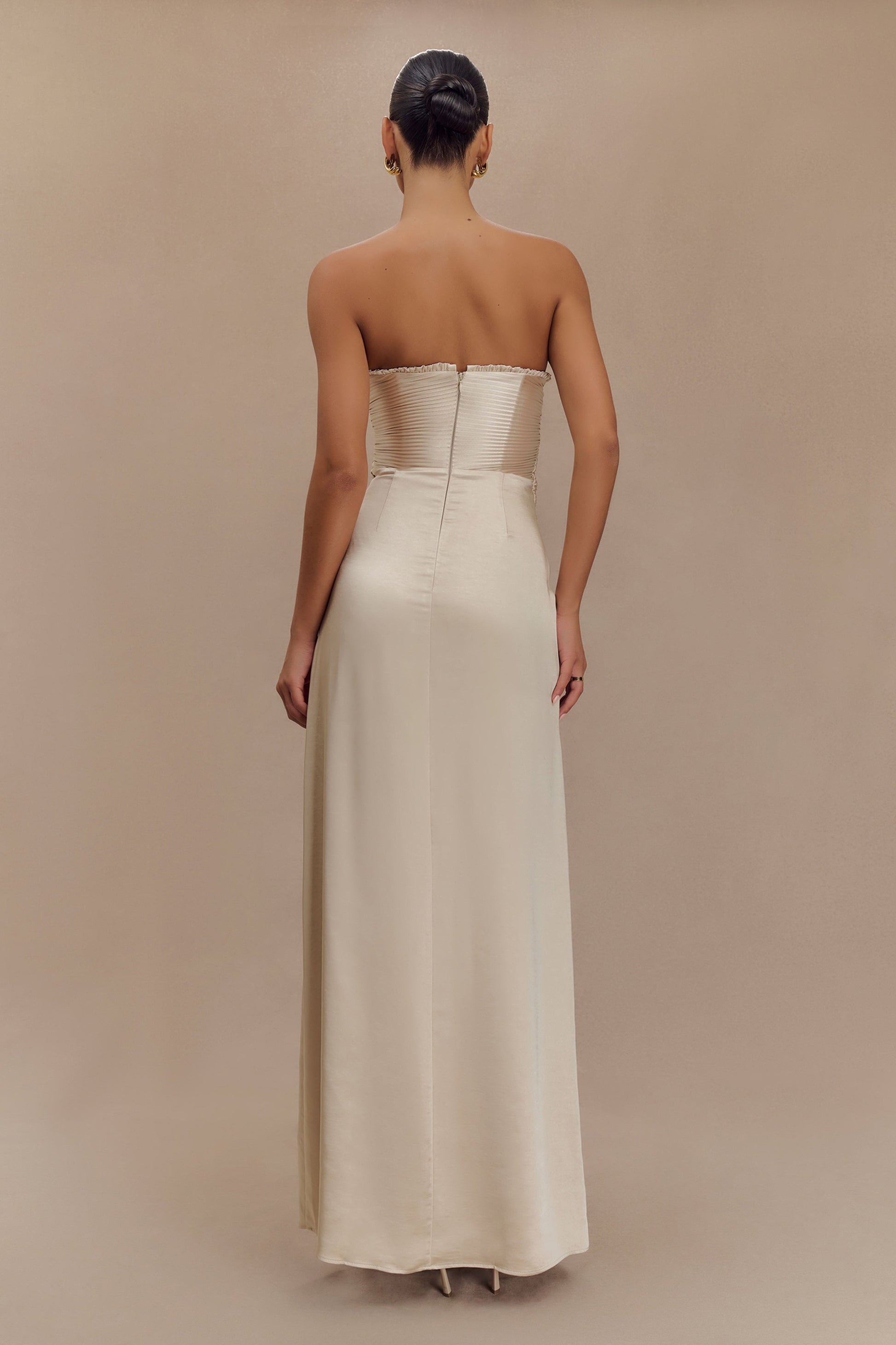 Larissa Satin Maxi Dress With Ruched Petals - Blush Gold XXL Larissa Satin Maxi Dress With Ruched Petals - Blush Gold XXL