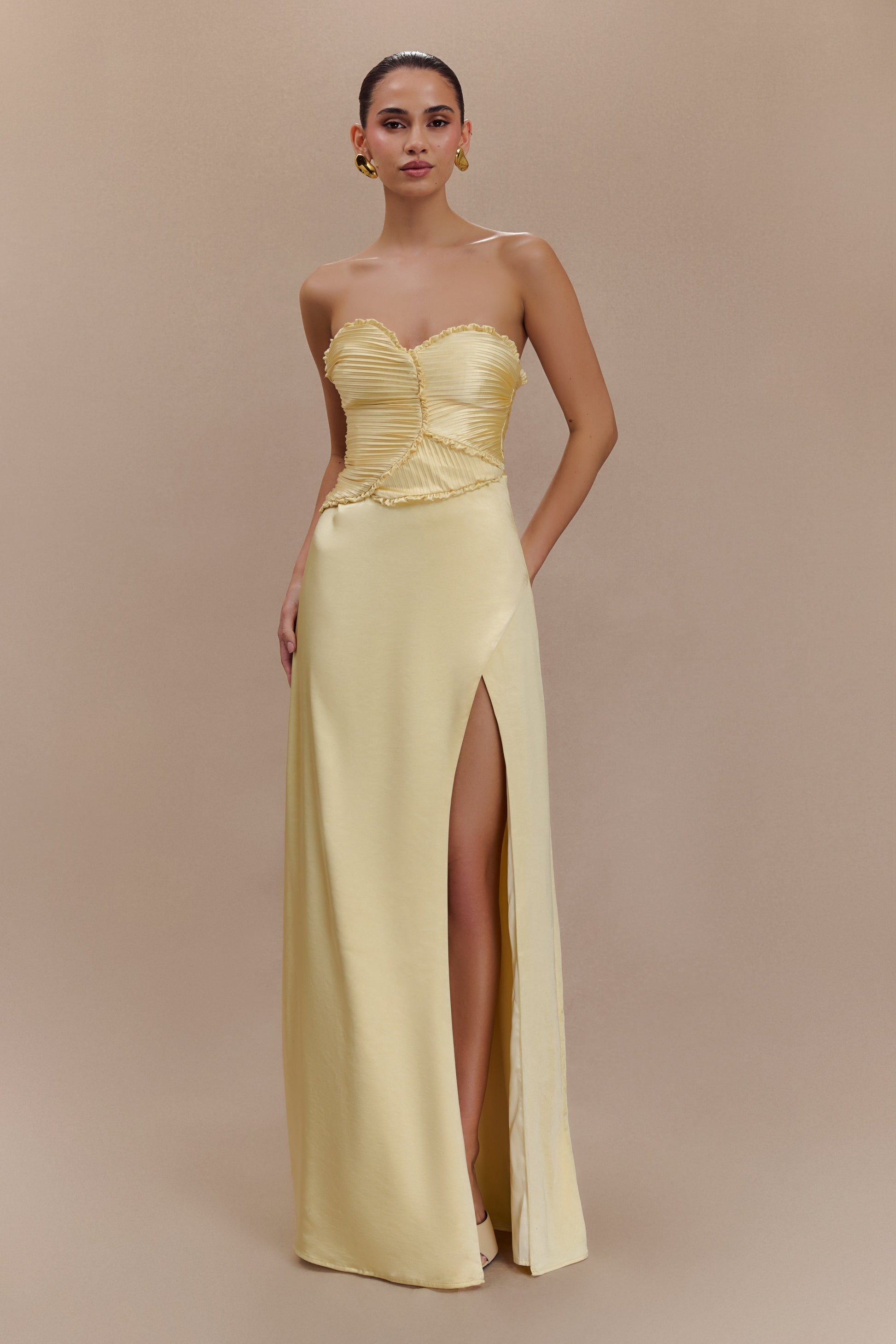 Larissa Satin Maxi Dress With Ruched Petals / Lemon | MESHKI