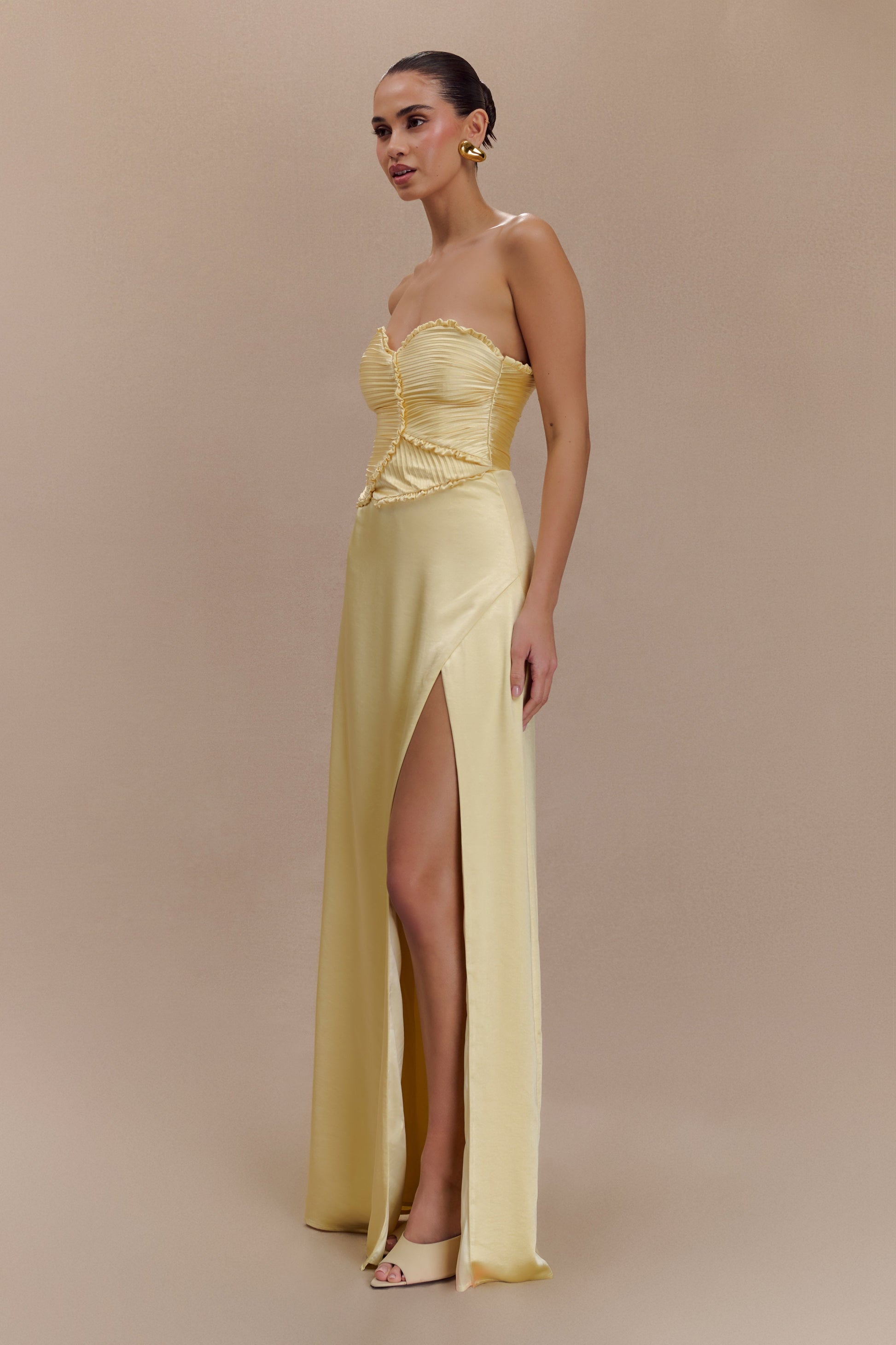 Larissa Satin Maxi Dress With Ruched Petals - Lemon | MESHKI US Larissa Satin Maxi Dress With Ruched Petals - Lemon | MESHKI US