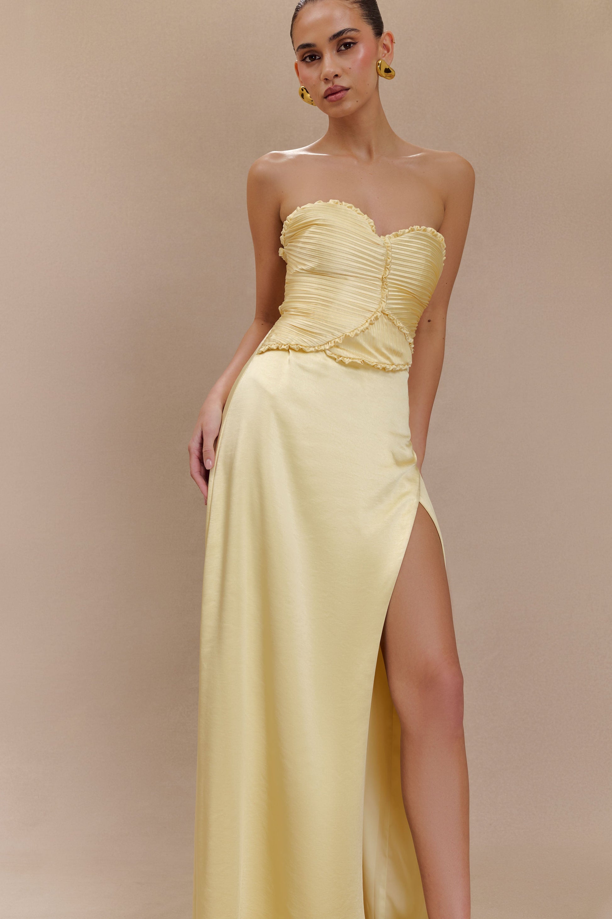 Larissa Satin Maxi Dress With Ruched Petals / Lemon | MESHKI