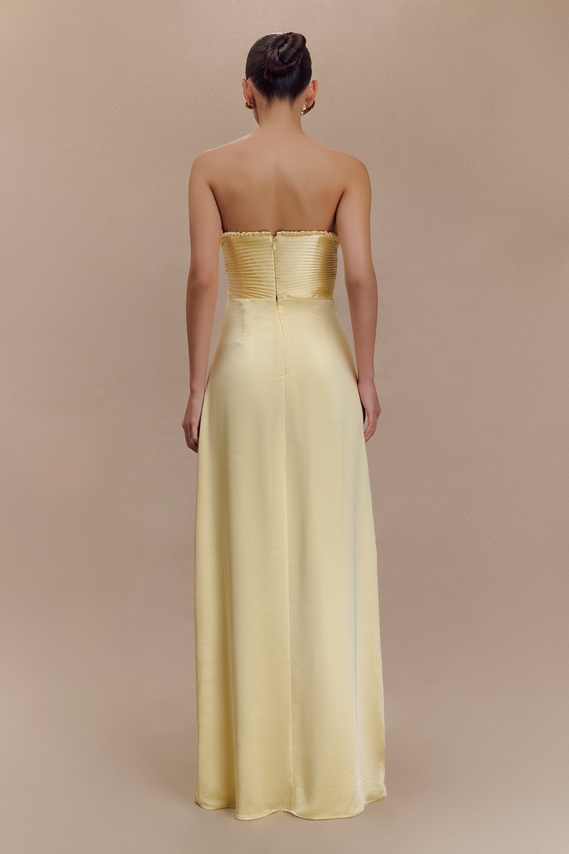 Larissa Satin Maxi Dress With Ruched Petals / Lemon | MESHKI | XS Larissa Satin Maxi Dress With Ruched Petals / Lemon | MESHKI | XS