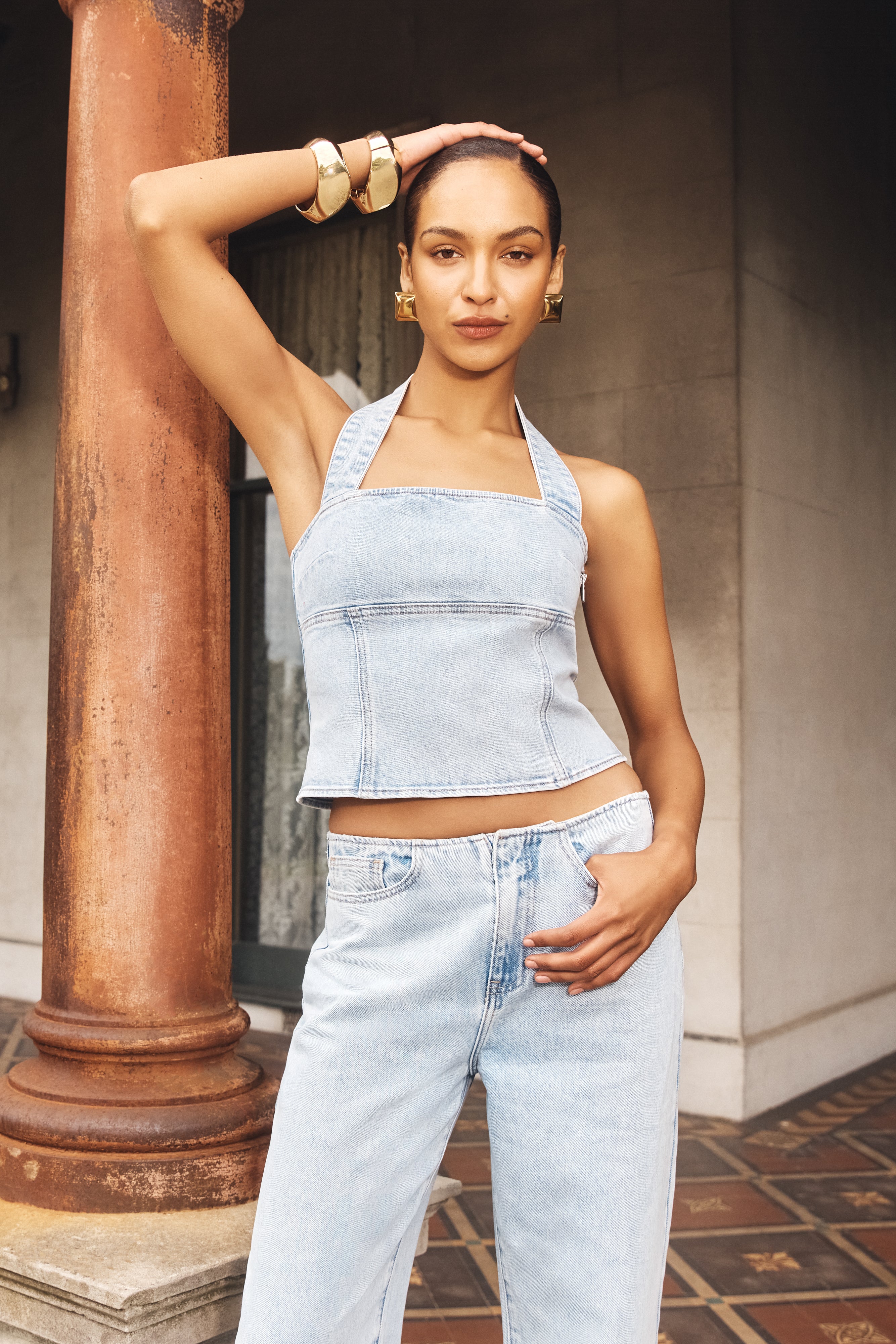 Dayna Denim Halter Top - Light Blue | MESHKI US