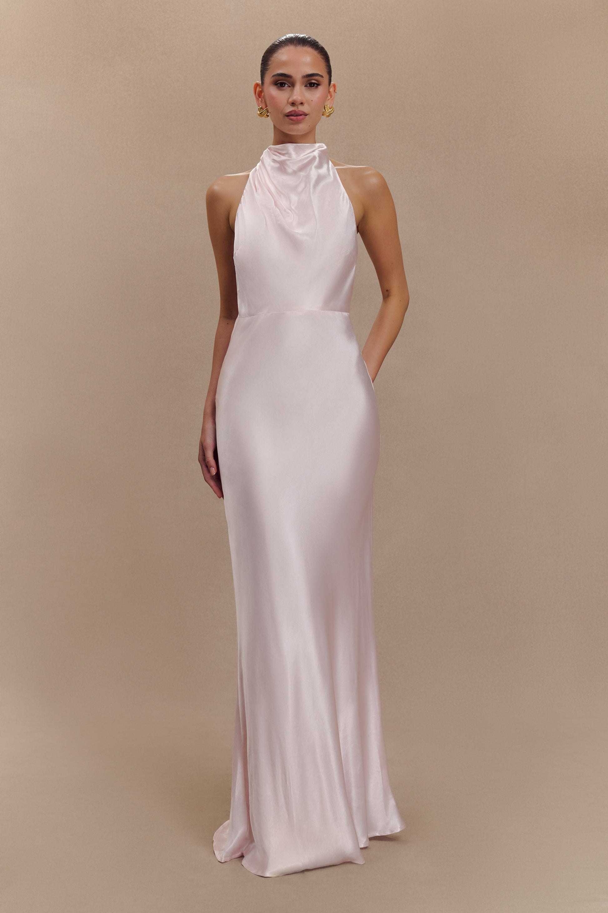 Esther Iridescent Satin Cowl Maxi Dress / Pale Pink | MESHKI | M Esther Iridescent Satin Cowl Maxi Dress / Pale Pink | MESHKI | M
