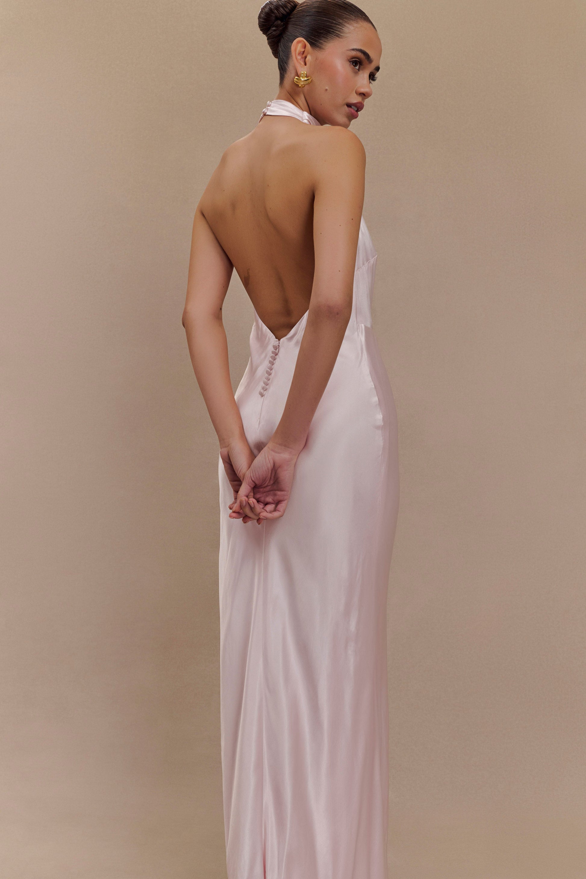 Esther Iridescent Satin Cowl Maxi Dress / Pale Pink | MESHKI | M Esther Iridescent Satin Cowl Maxi Dress / Pale Pink | MESHKI | M