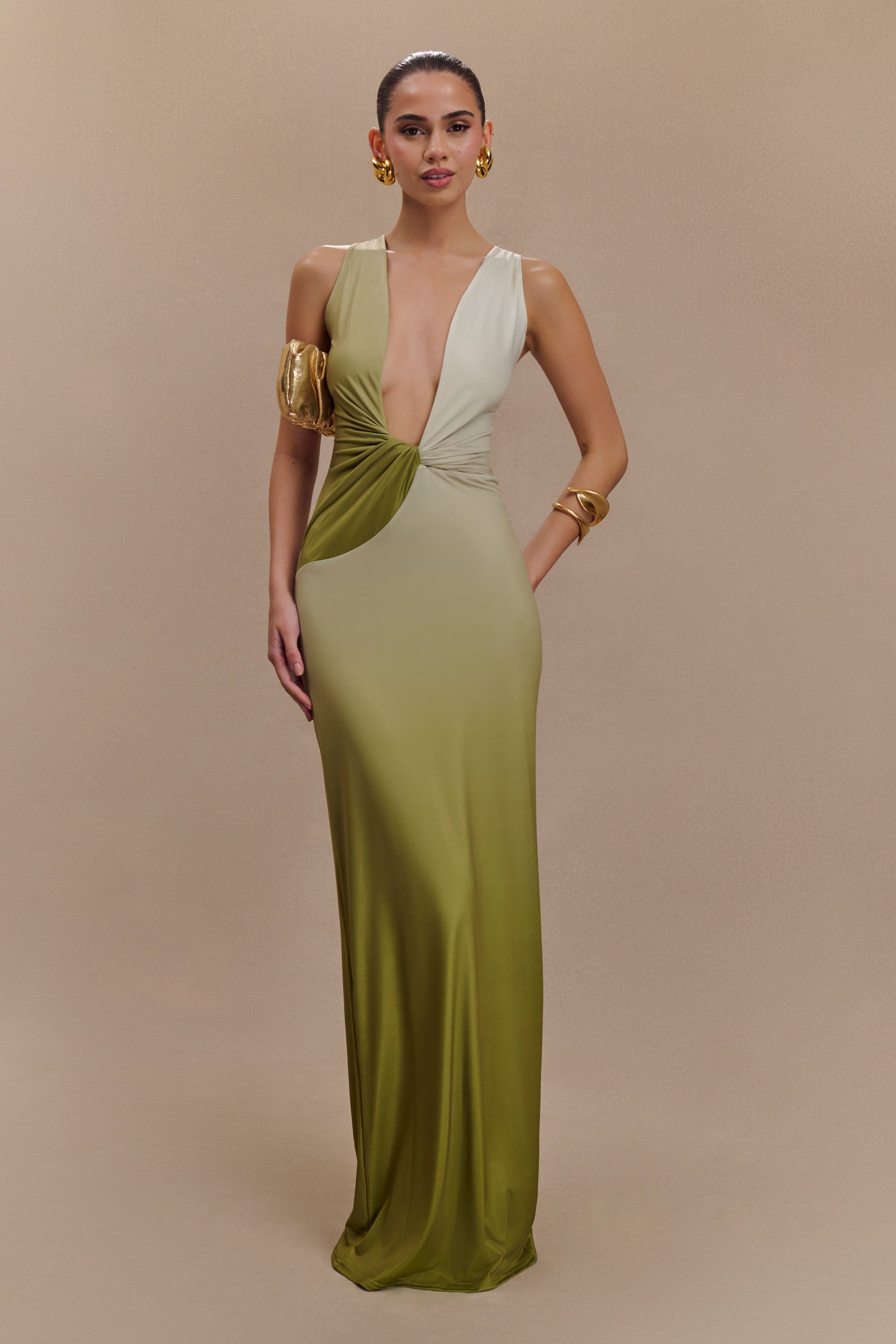 Stella Draped Slinky Maxi Dress / Ombre Vintage Olive | MESHKI | XXL Stella Draped Slinky Maxi Dress / Ombre Vintage Olive | MESHKI | XXL