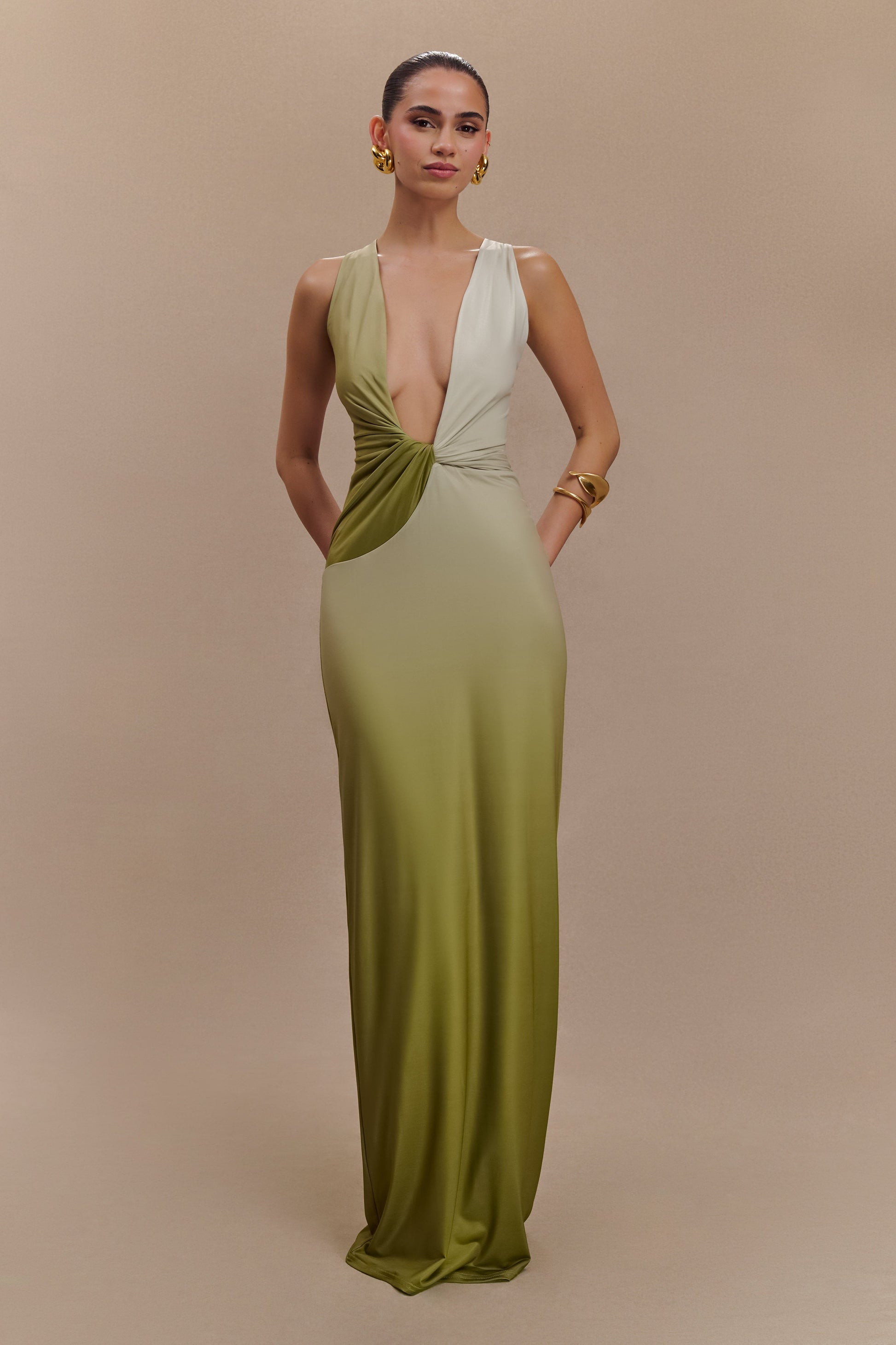 Stella Draped Slinky Maxi Dress / Ombre Vintage Olive | MESHKI | XXL Stella Draped Slinky Maxi Dress / Ombre Vintage Olive | MESHKI | XXL