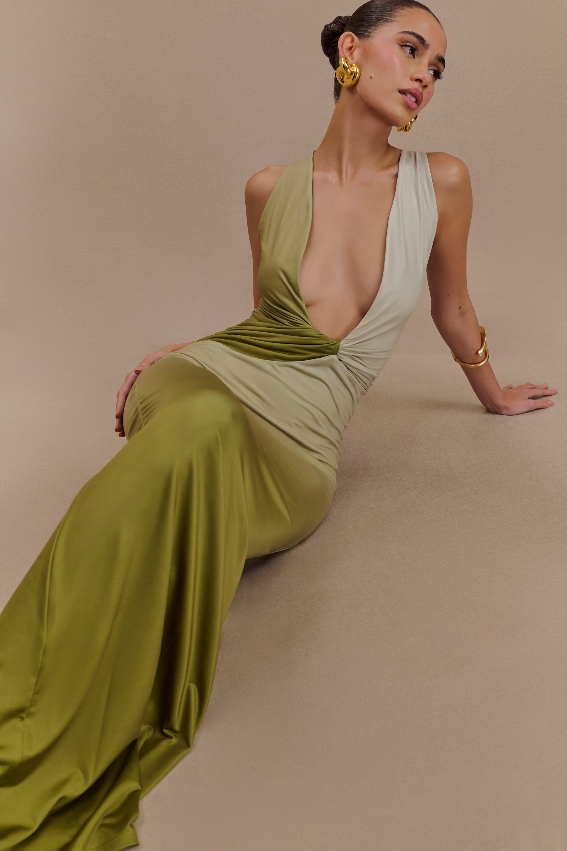 Stella Draped Slinky Maxi Dress - Ombre Vintage Olive | MESHKI US Stella Draped Slinky Maxi Dress - Ombre Vintage Olive | MESHKI US