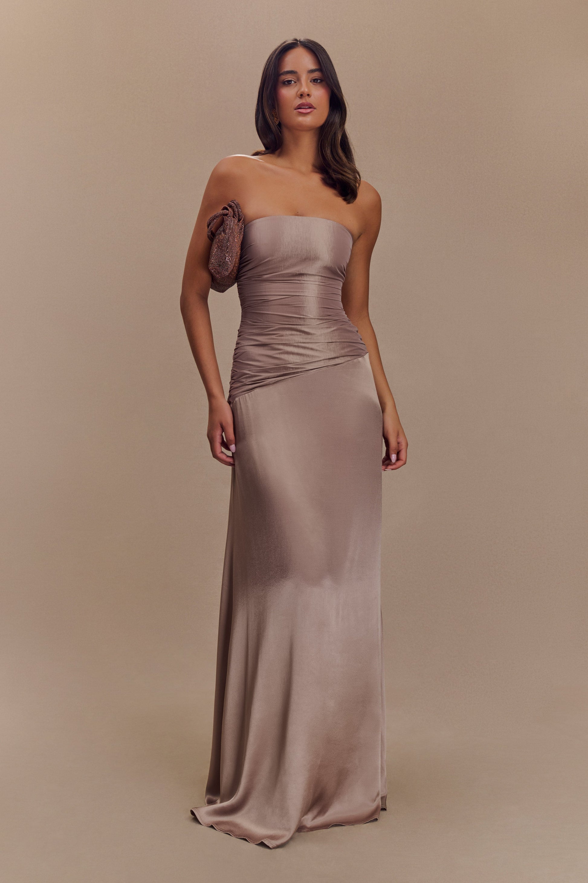 Serena Strapless Taffeta Maxi Dress / Bronze Taupe | MESHKI | L Serena Strapless Taffeta Maxi Dress / Bronze Taupe | MESHKI | L