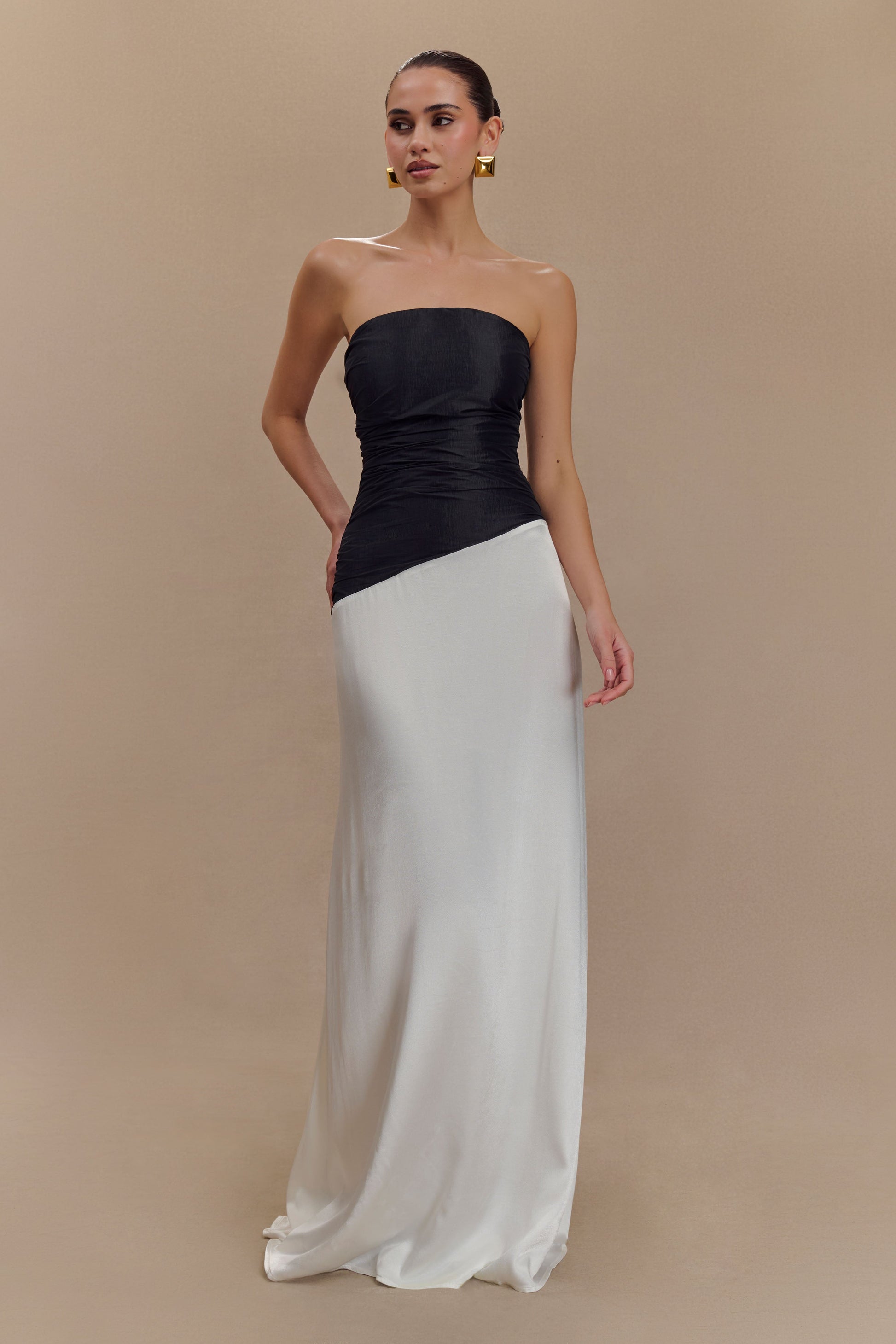 Serena Strapless Taffeta Maxi Dress / White/Black | MESHKI | XXS Serena Strapless Taffeta Maxi Dress / White/Black | MESHKI | XXS