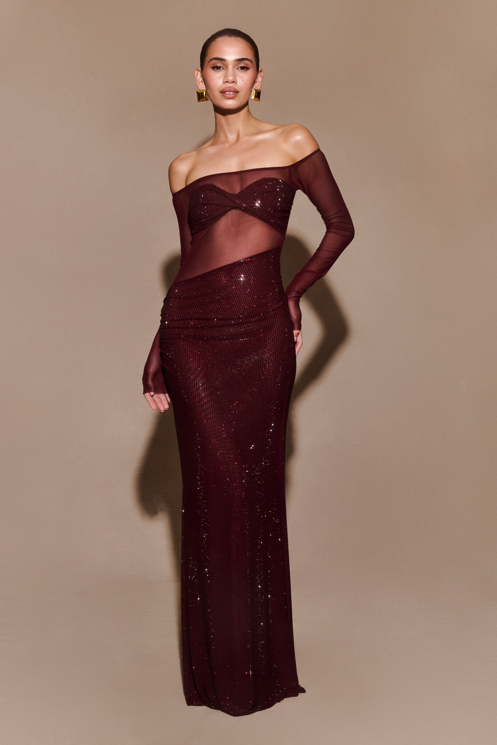 Nash Diamante Off Shoulder Maxi Dress / Mahogany | MESHKI | XXL Nash Diamante Off Shoulder Maxi Dress / Mahogany | MESHKI | XXL