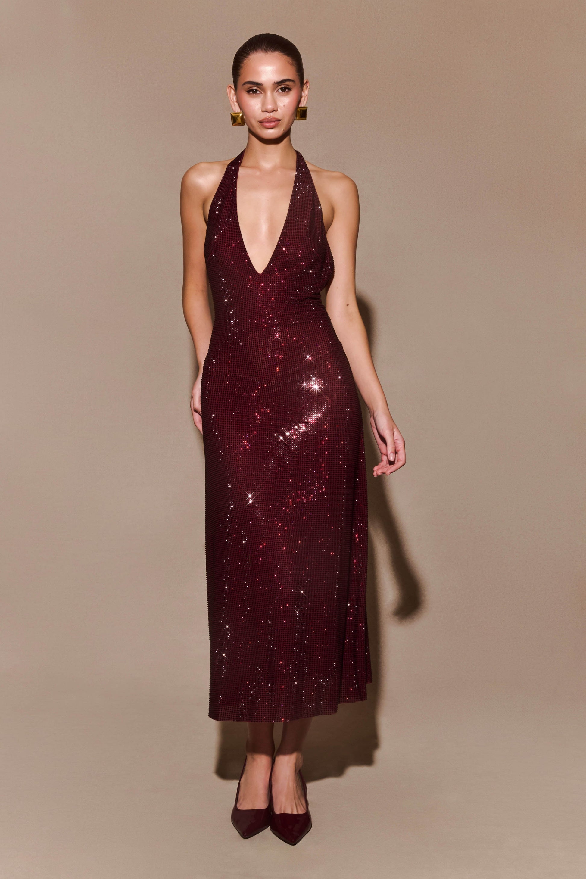 Genie Diamante Halter Midi Dress / Mahogany | Meshki | XXL Genie Diamante Halter Midi Dress / Mahogany | Meshki | XXL