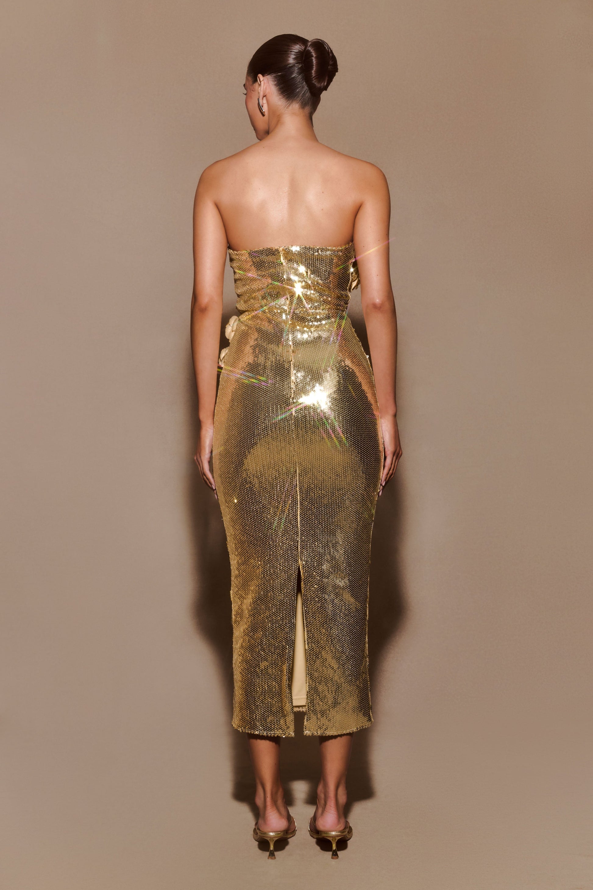 Cassia Strapless Sequin Rose Midi Dress - Gold | MESHKI US Cassia Strapless Sequin Rose Midi Dress - Gold | MESHKI US