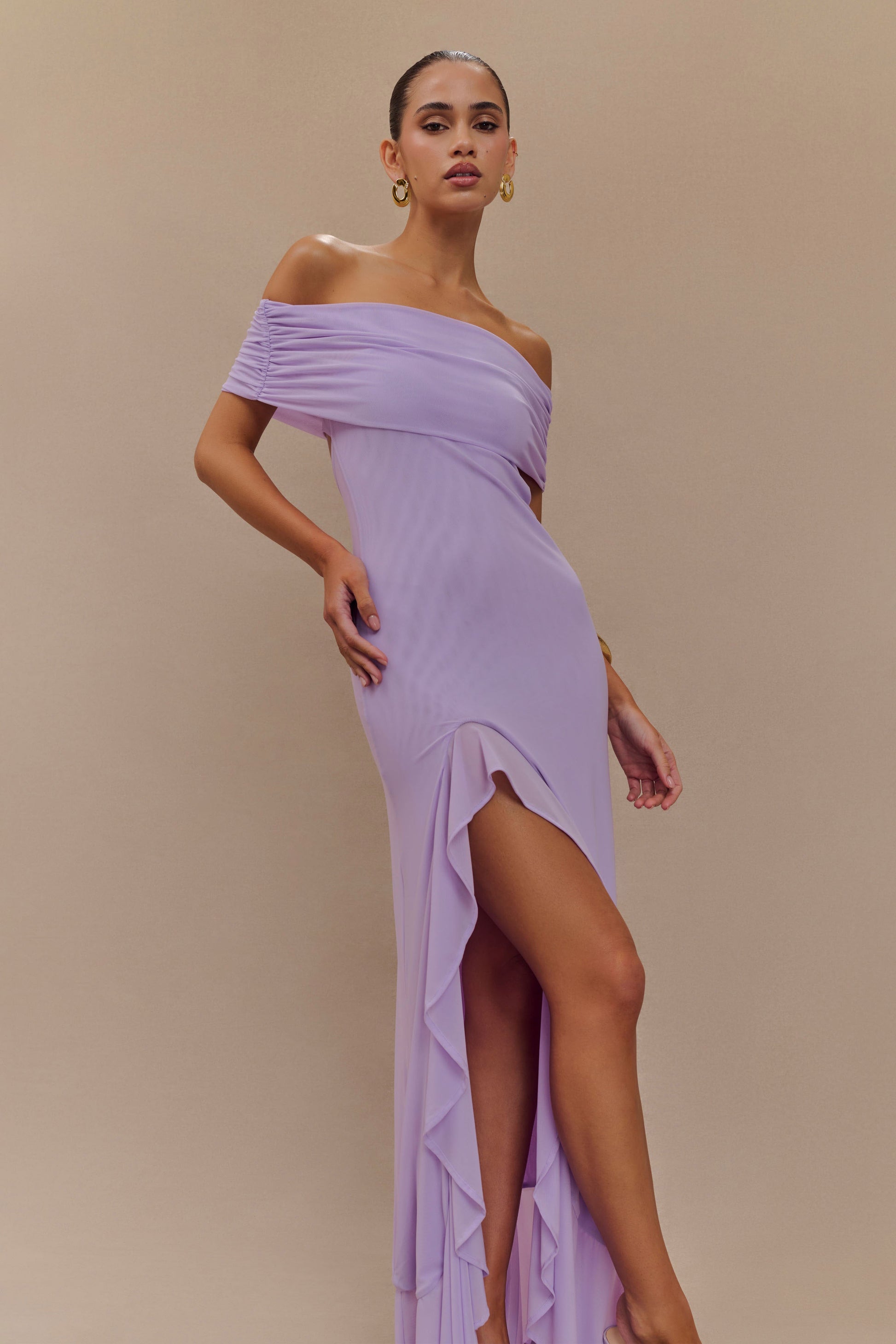 Audrey Off Shoulder Mesh Maxi Dress / Lilac | MESHKI | 3XL Audrey Off Shoulder Mesh Maxi Dress / Lilac | MESHKI | 3XL