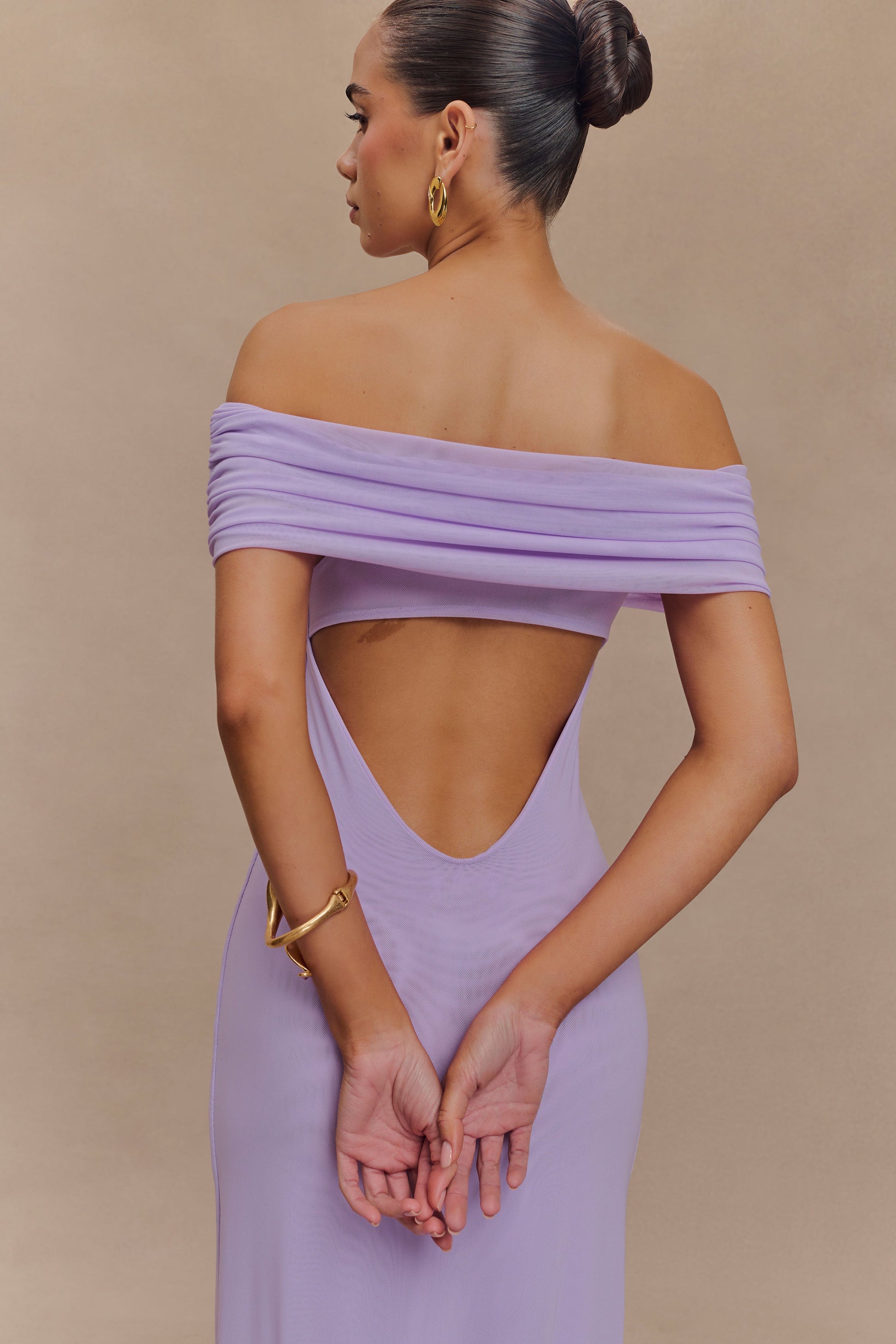 lilac off the shoulder dress Off-Shoulder Tiered Gown with Floral Lace and Slit 40397 making it perfect for any special occasion where you want to stand out BABARONI BABARONI Chiffon Lilac Bridesmaid