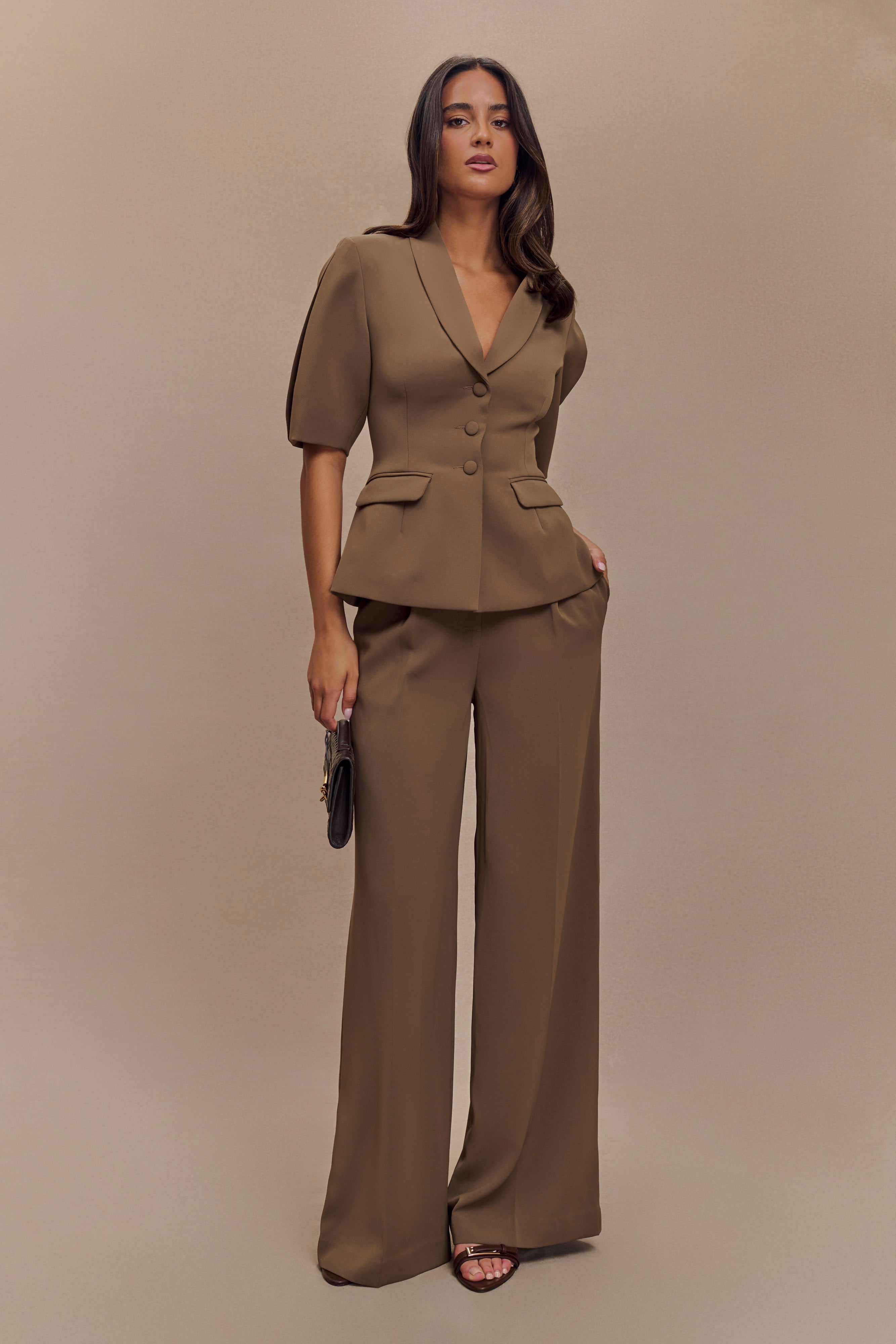 Opal Puff Sleeve Suiting Top - Cacao Brown | MESHKI US