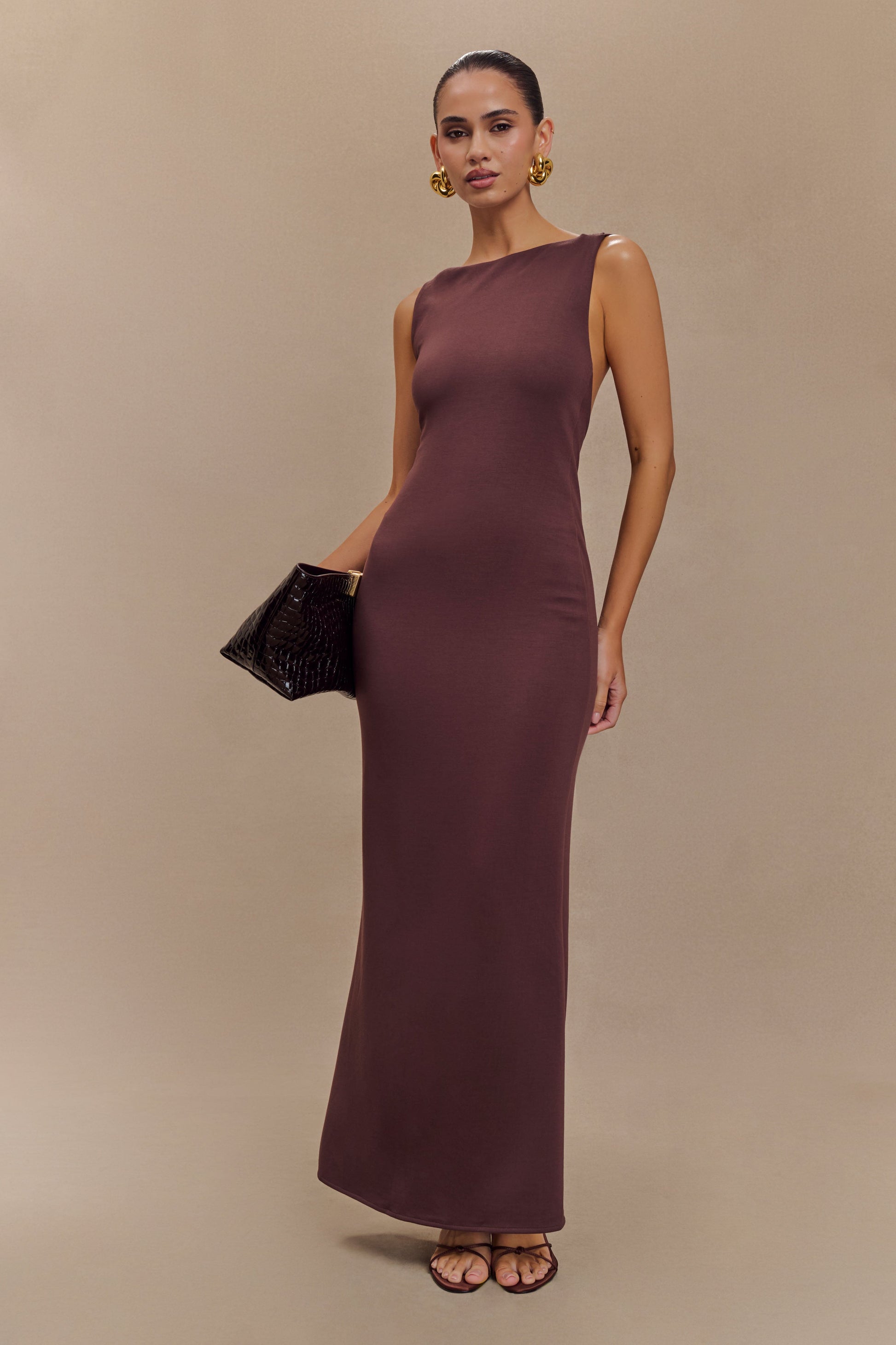 Catelyn Asymmetrical Scuba Jersey Midi Dress - Cacao Brown Catelyn Asymmetrical Scuba Jersey Midi Dress - Cacao Brown