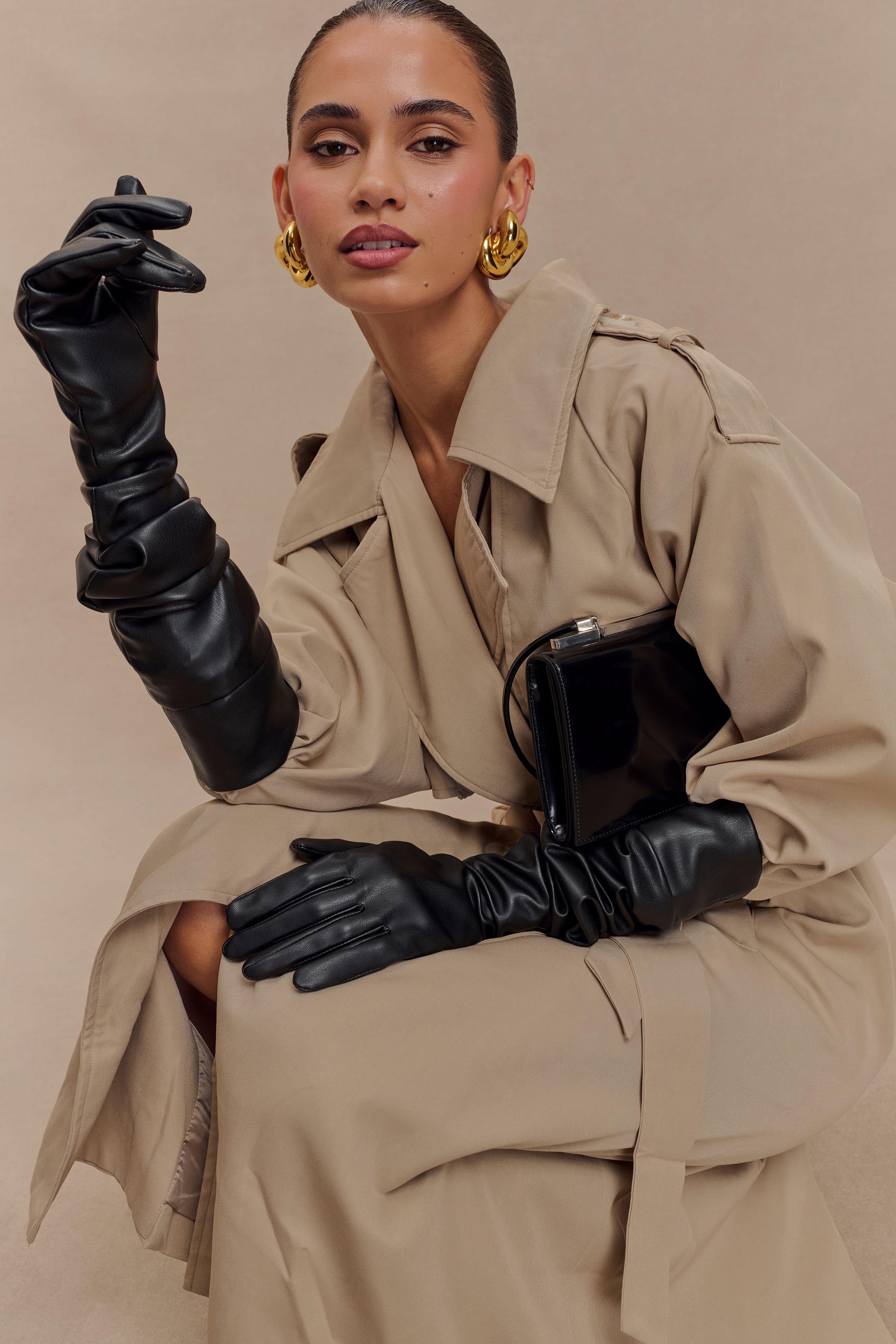 Jasper Faux Leather Elbow Length Gloves - Black | MESHKI US