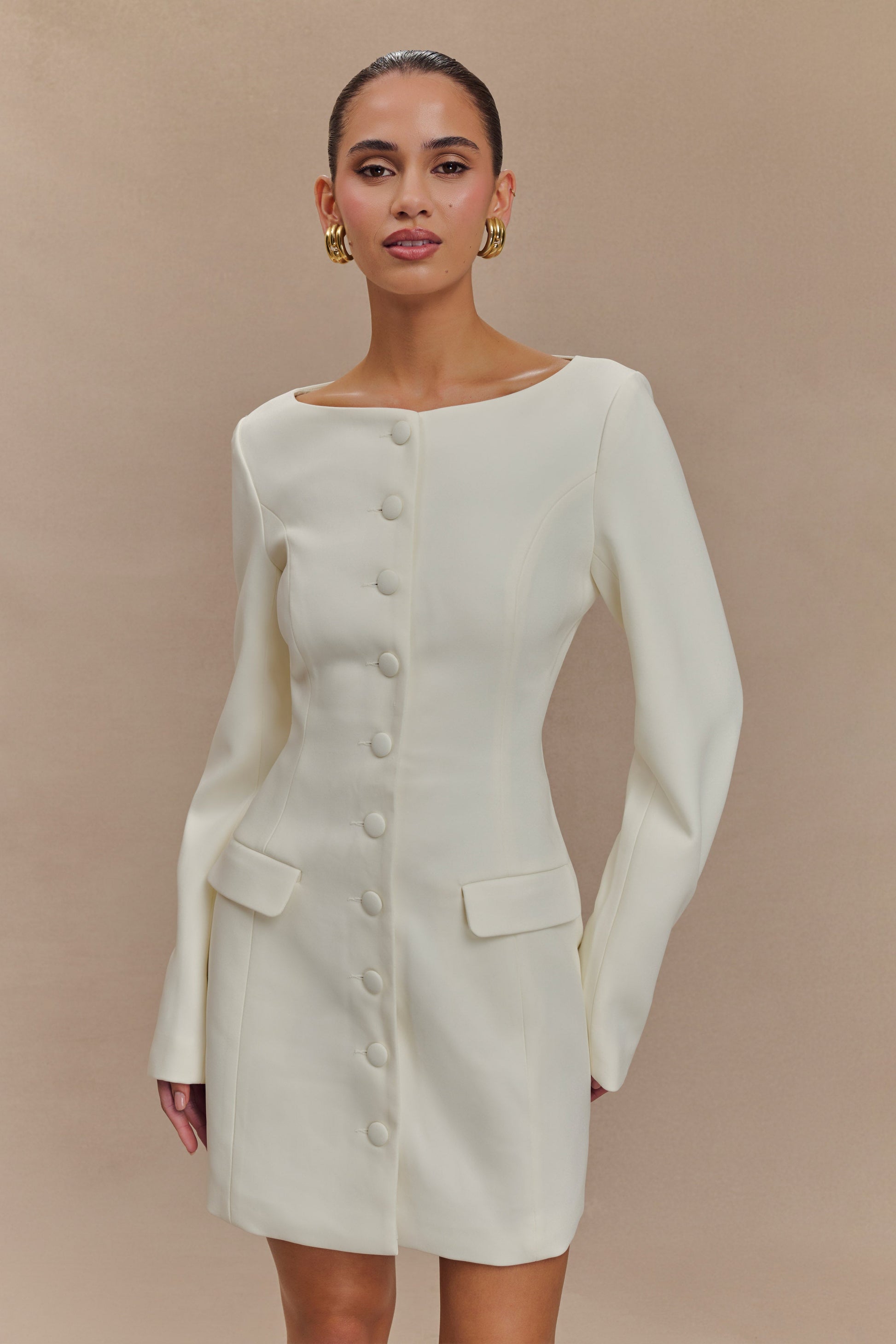 Jolie Boat Neck Suiting Mini Dress - Ivory #8