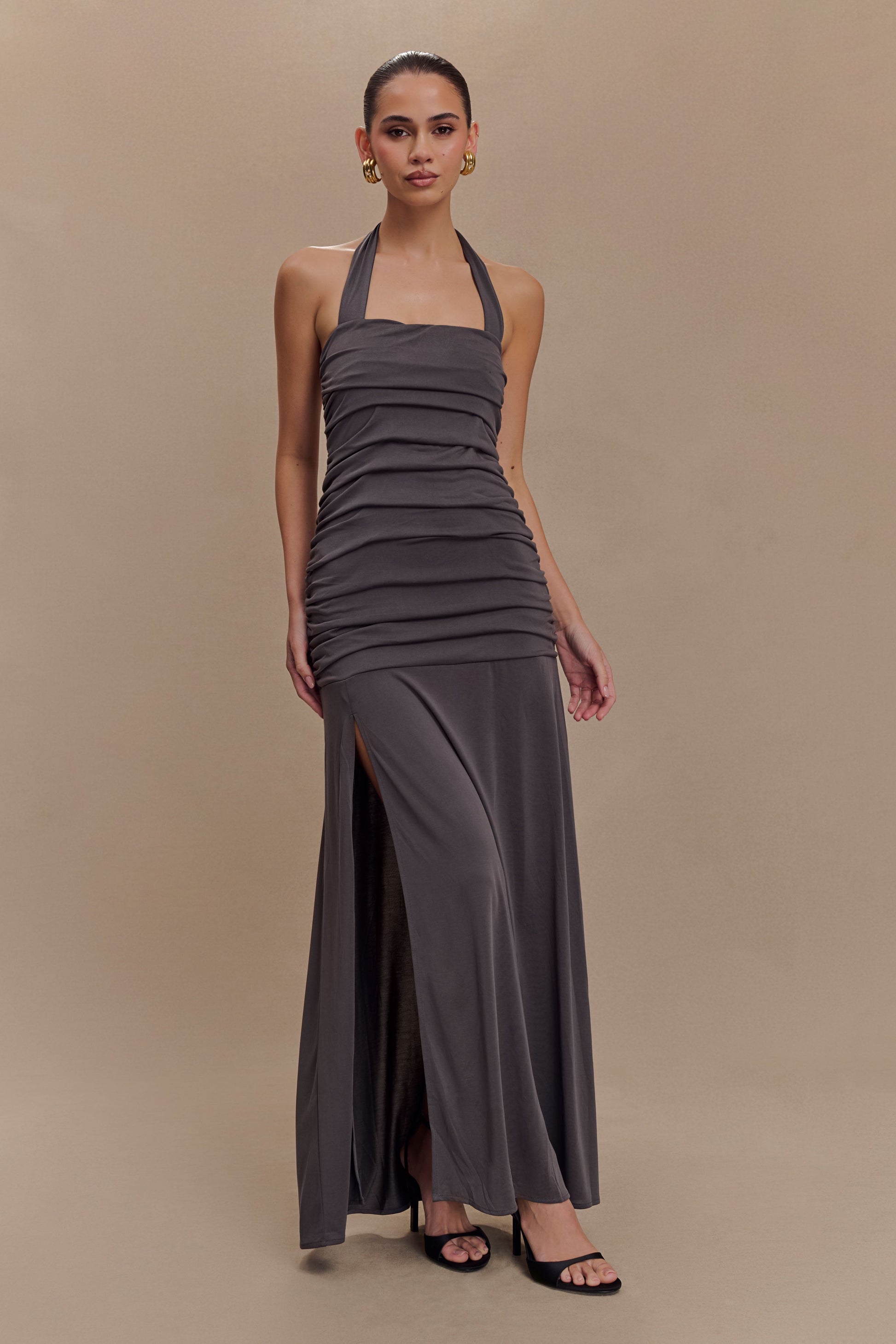 Bentley Peached Jersey Halter Maxi Dress / Charcoal | MESHKI