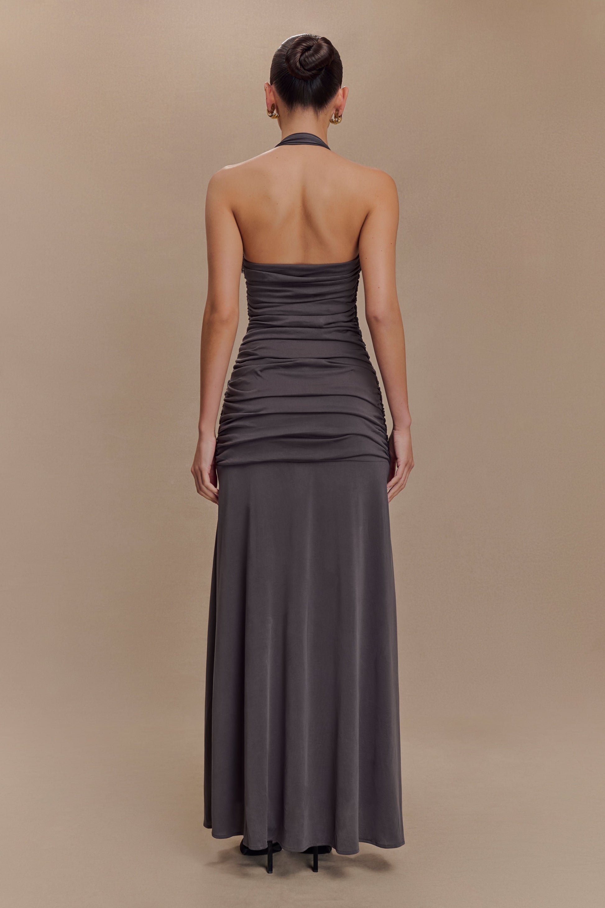 Bentley Peached Jersey Halter Maxi Dress / Charcoal | MESHKI