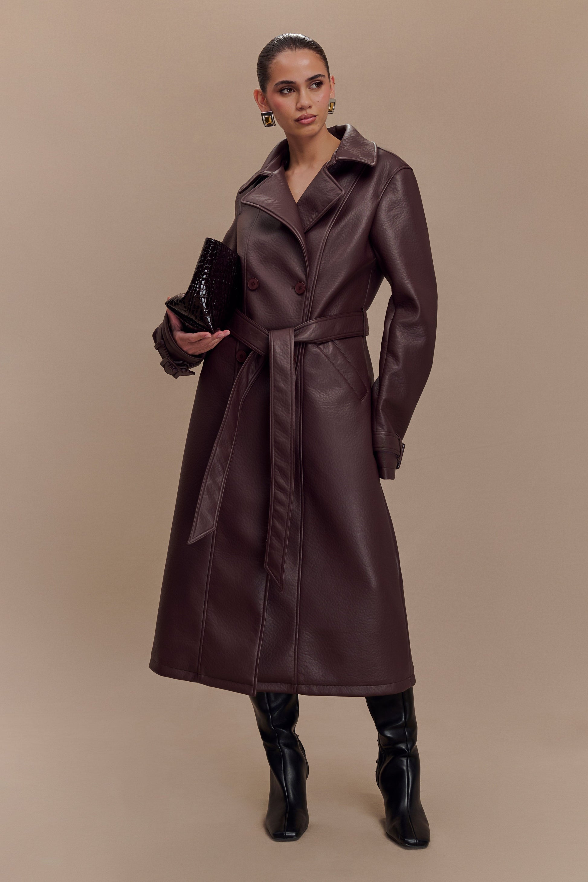 Tarah Faux Leather Trench Coat / Cacao Brown | MESHKI | M Tarah Faux Leather Trench Coat / Cacao Brown | MESHKI | M