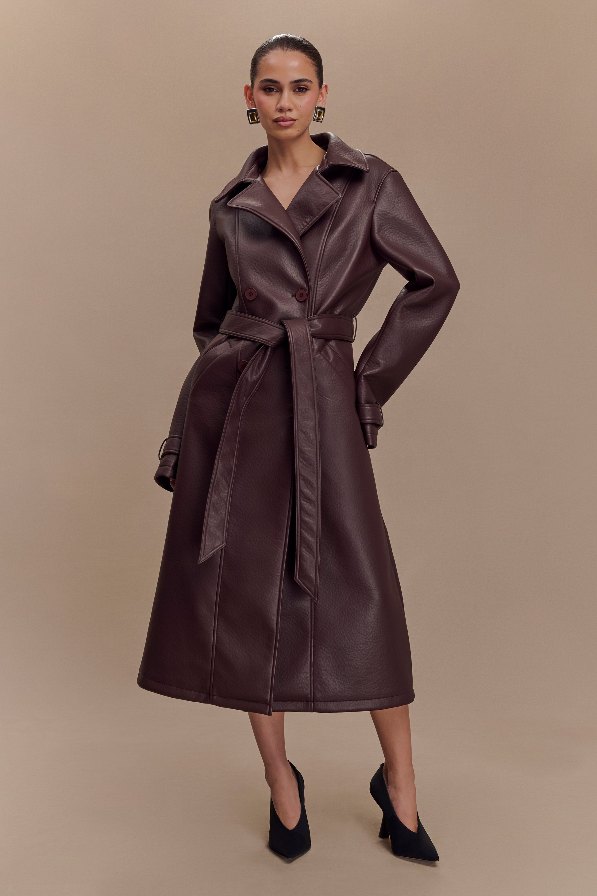 Tarah Faux Leather Trench Coat / Cacao Brown | MESHKI