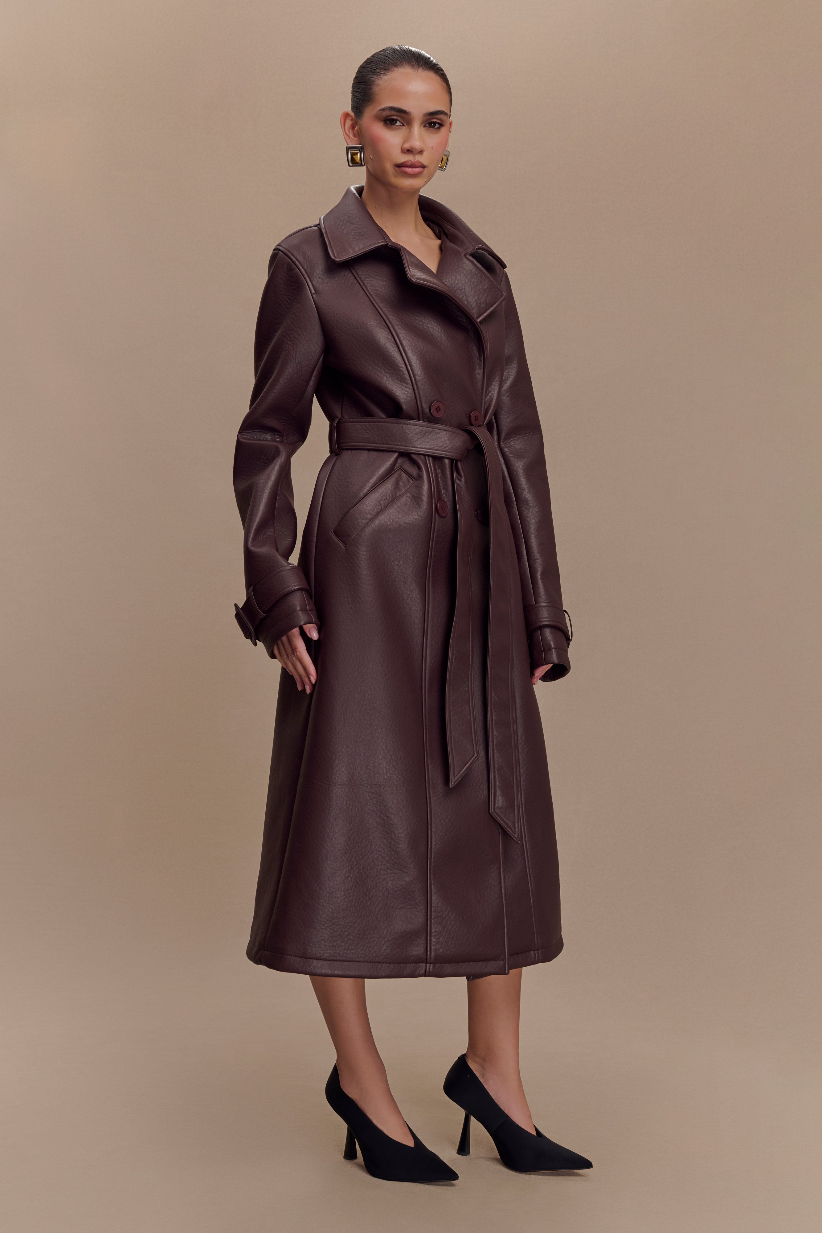 Tarah Faux Leather Trench Coat - Cacao Brown | MESHKI US