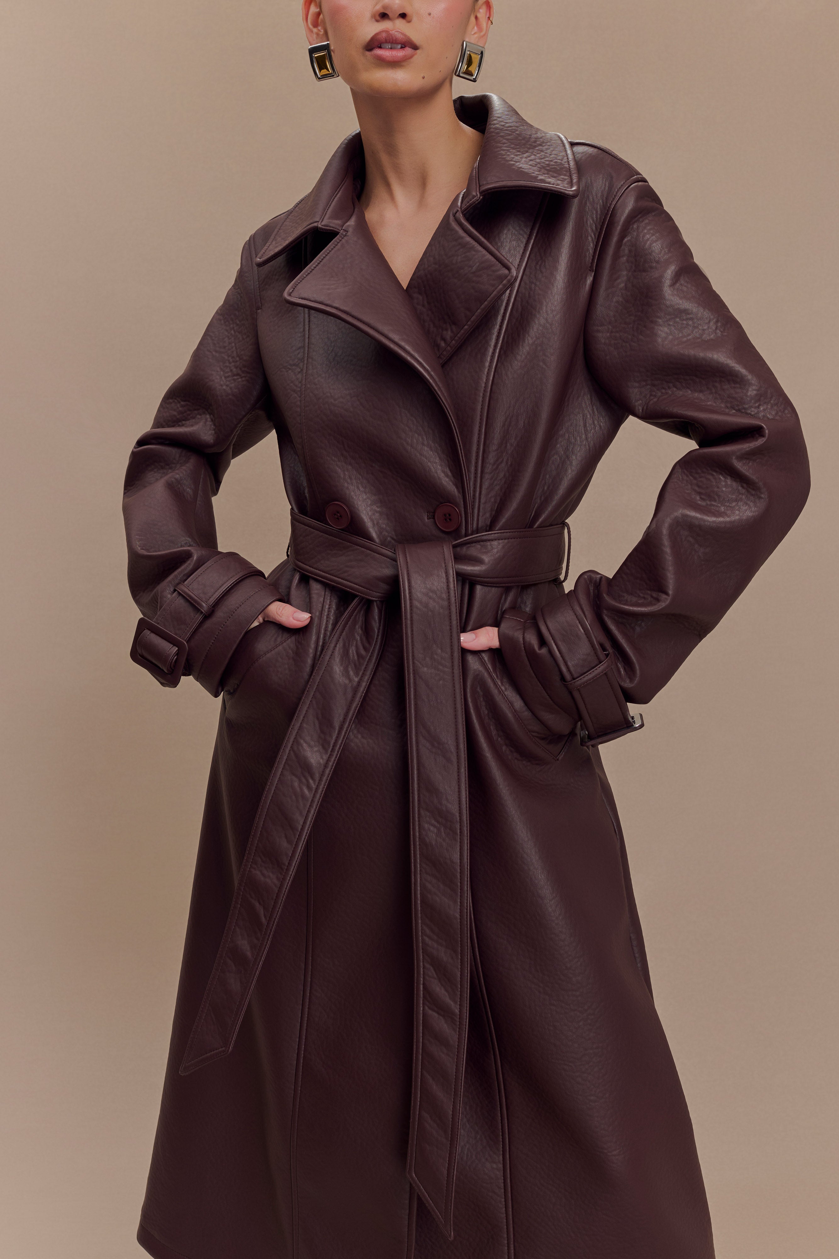 Tarah Faux Leather Trench Coat - Cacao Brown | MESHKI US