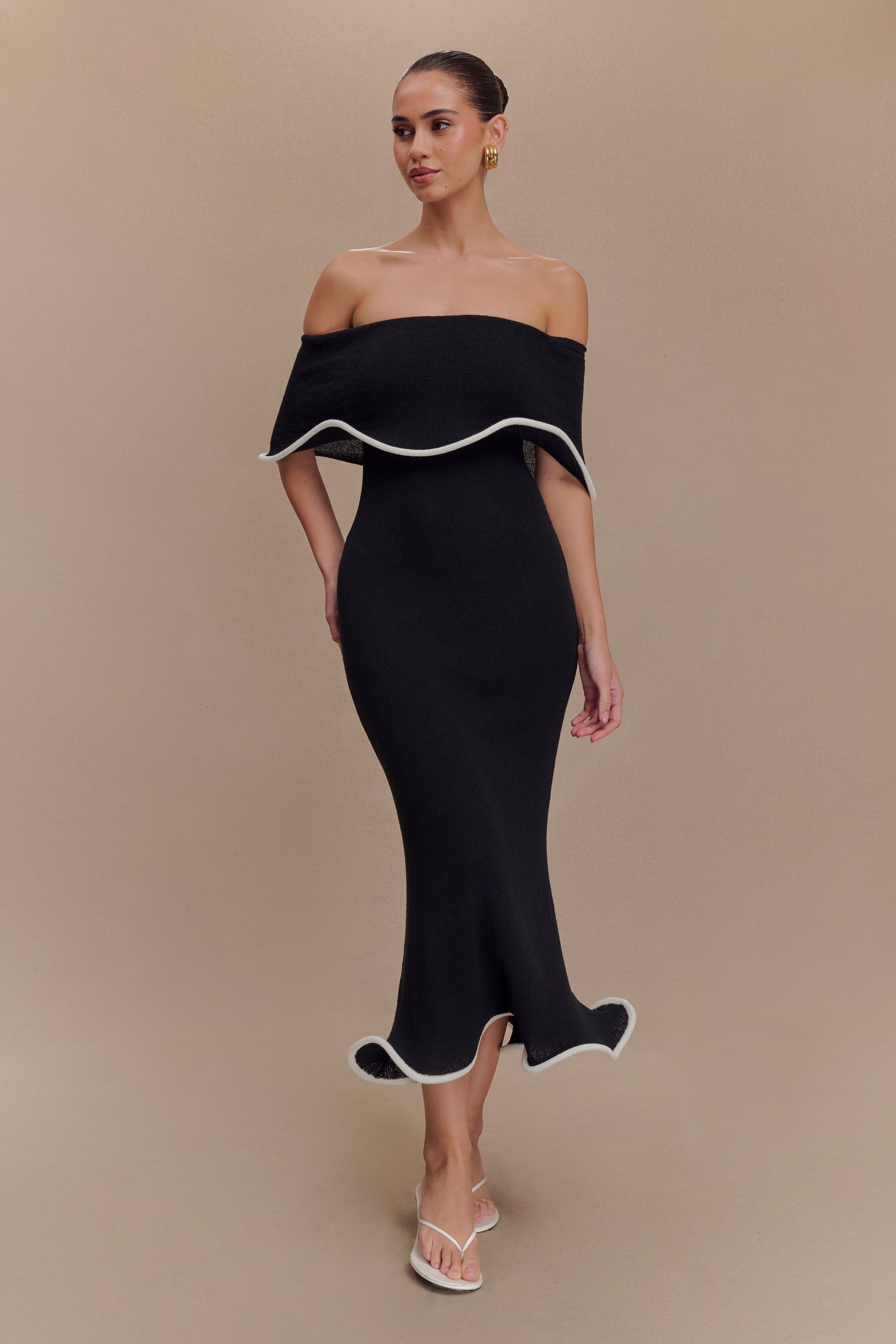 ls-models nude dasha Molly Off Shoulder Knit Midi Dress - Black/White | MESHKI US
